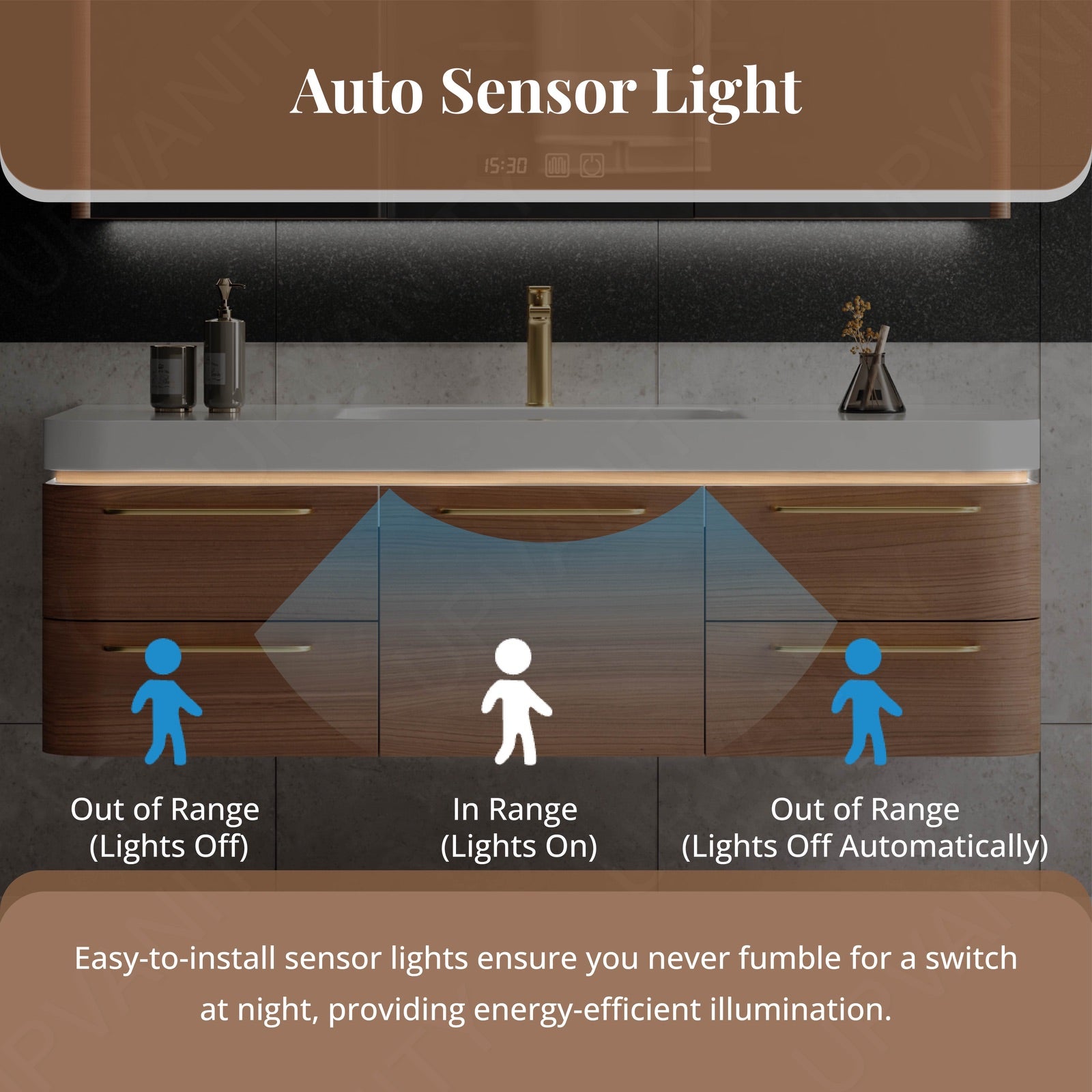 Modern Bath Vanity Set, Brown, Gold Accents, 40"-64", Single, Floating, Smart LED Mirror, Rear Cabinet, Sensor Light