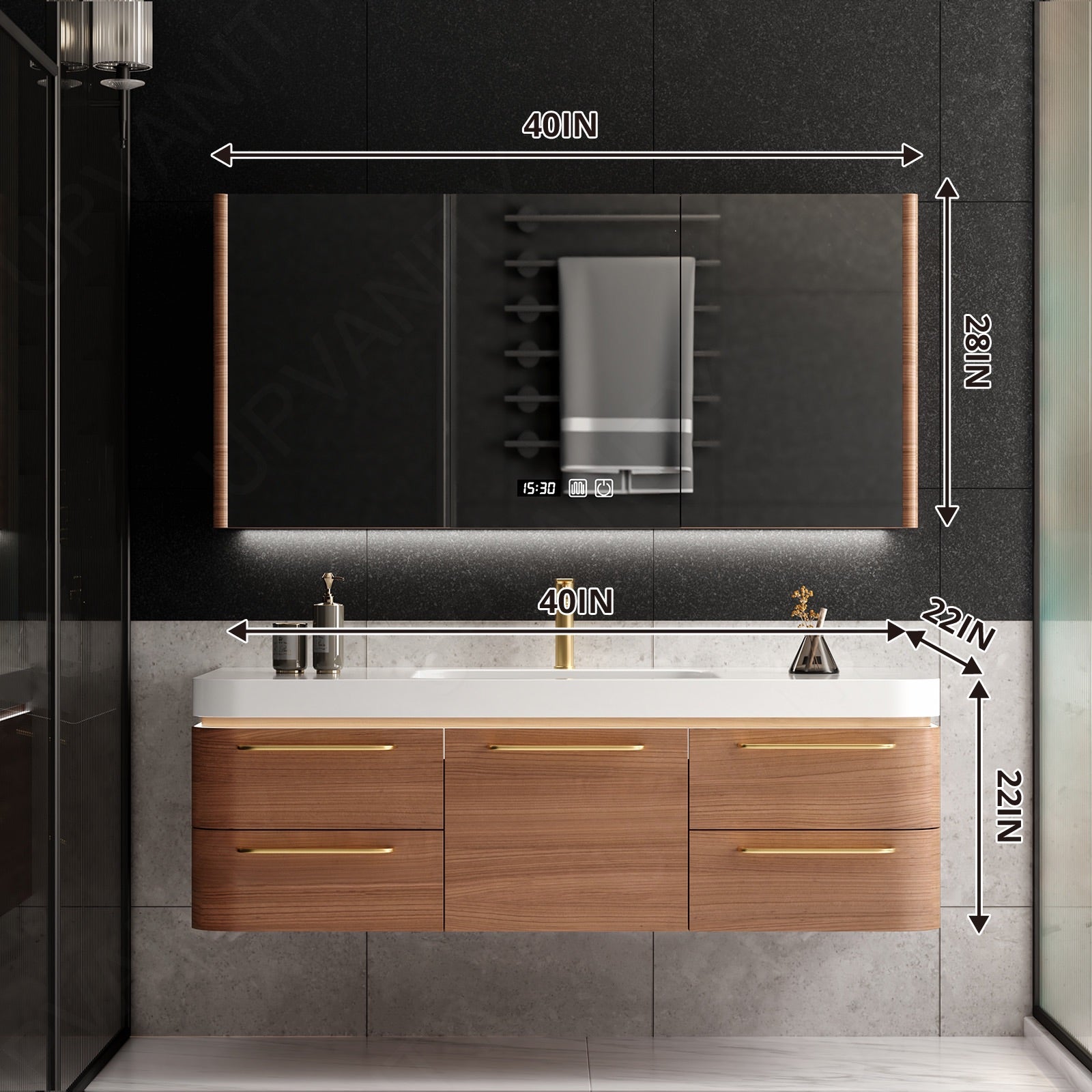 Modern Bath Vanity Set, Brown, Gold Accents, 40"-64", Single, Floating, Smart LED Mirror, Rear Cabinet, Sensor Light