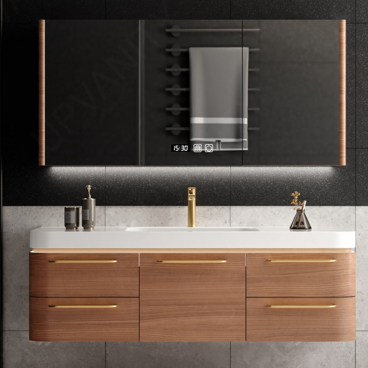 Modern Bath Vanity Set, Brown, Gold Accents, 40"-64", Single, Floating, Smart LED Mirror, Rear Cabinet, Sensor Light