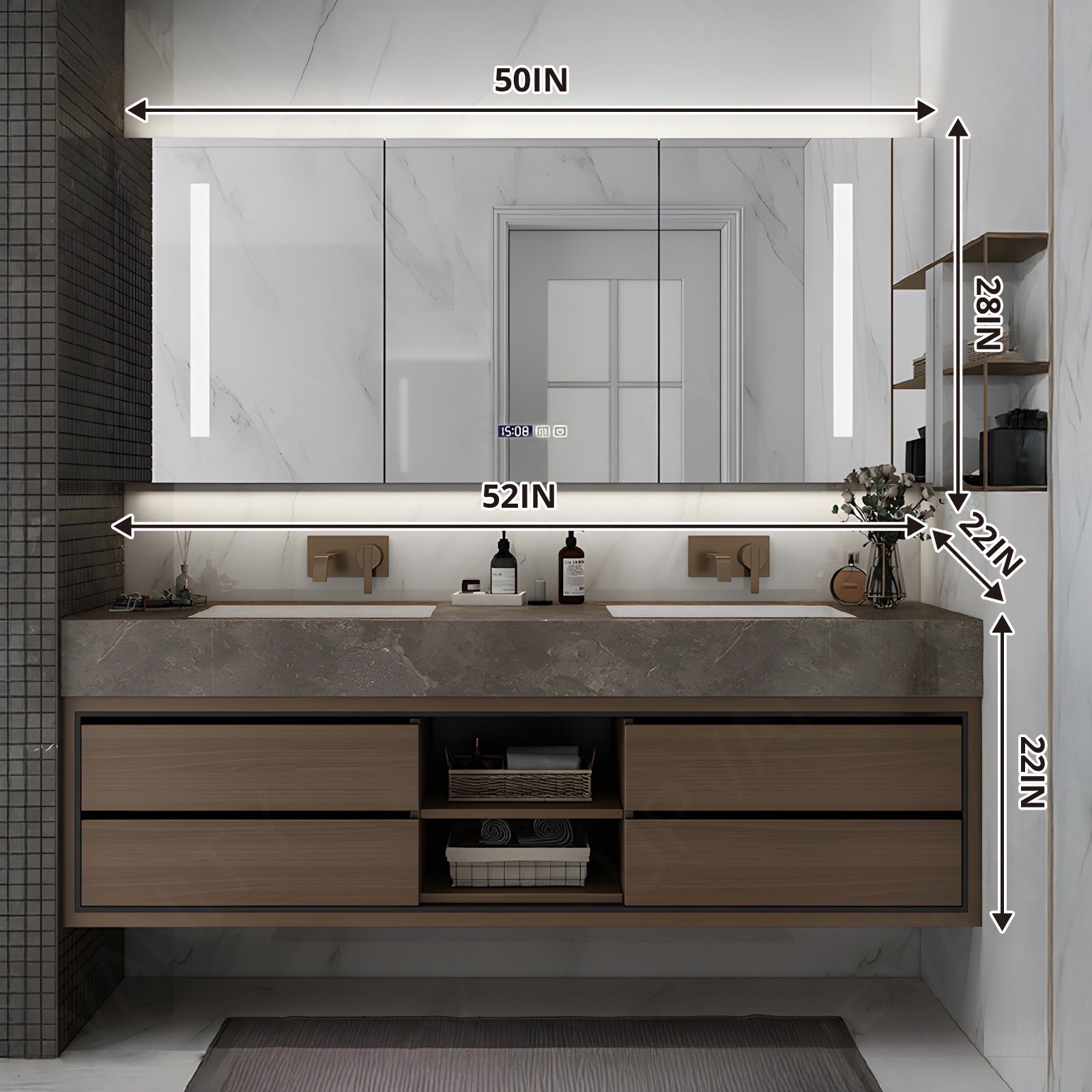 Modern Bath Vanity Set, Brown, Gray Marble Textured Top, 40"-64", Single, Floating, Open Storage, Smart LED Mirror, Rear Cabinet