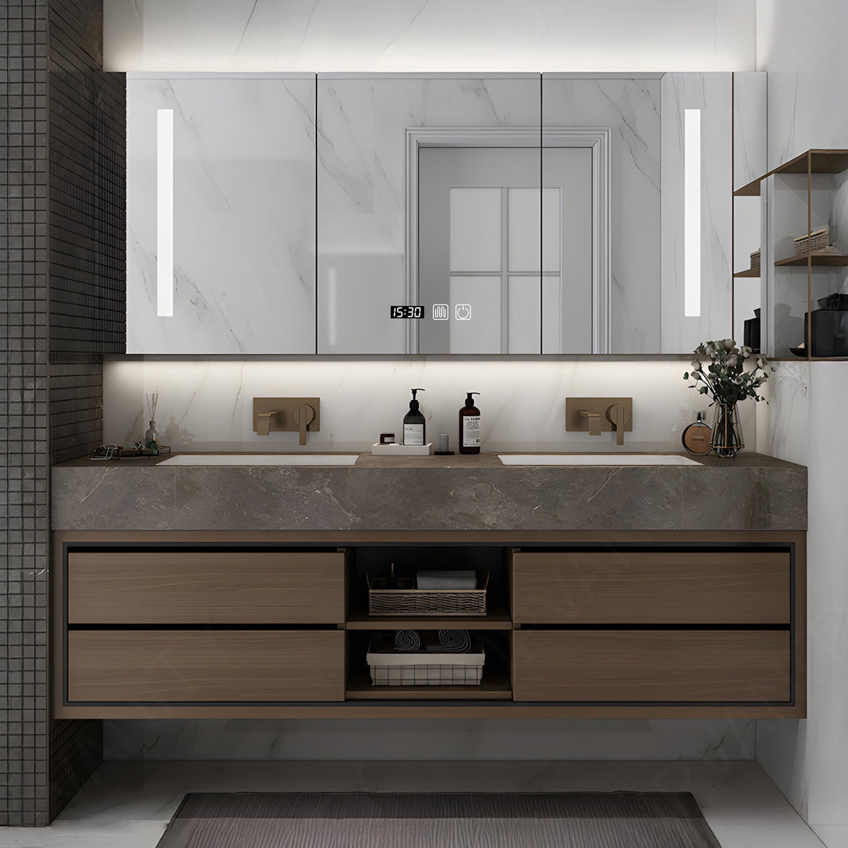 Modern Bath Vanity Set, Brown, Gray Marble Textured Top, 40"-64", Single, Floating, Open Storage, Smart LED Mirror, Rear Cabinet