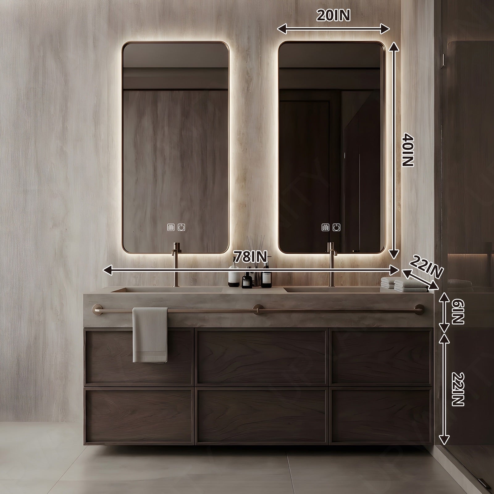 Modern Bath Vanity Set, Brown, Gray Slate Top, 52"-78", Double, Floating, Dual Smart LED Mirror, Towel Rack