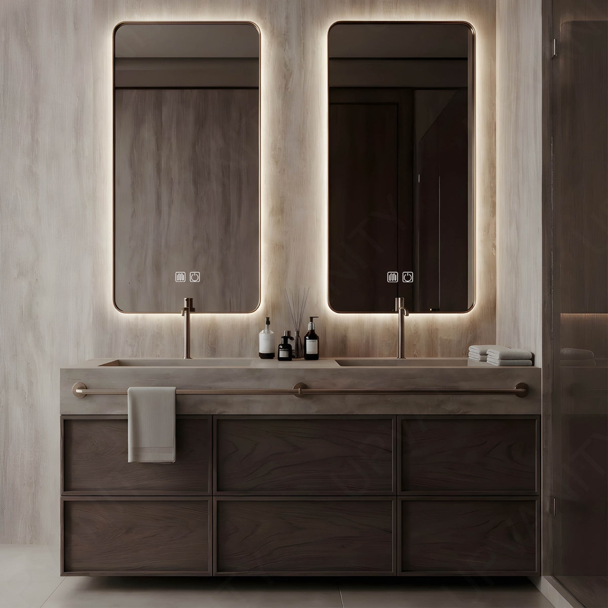 Modern Bath Vanity Set, Brown, Gray Slate Top, 52"-78", Double, Floating, Dual Smart LED Mirror, Towel Rack