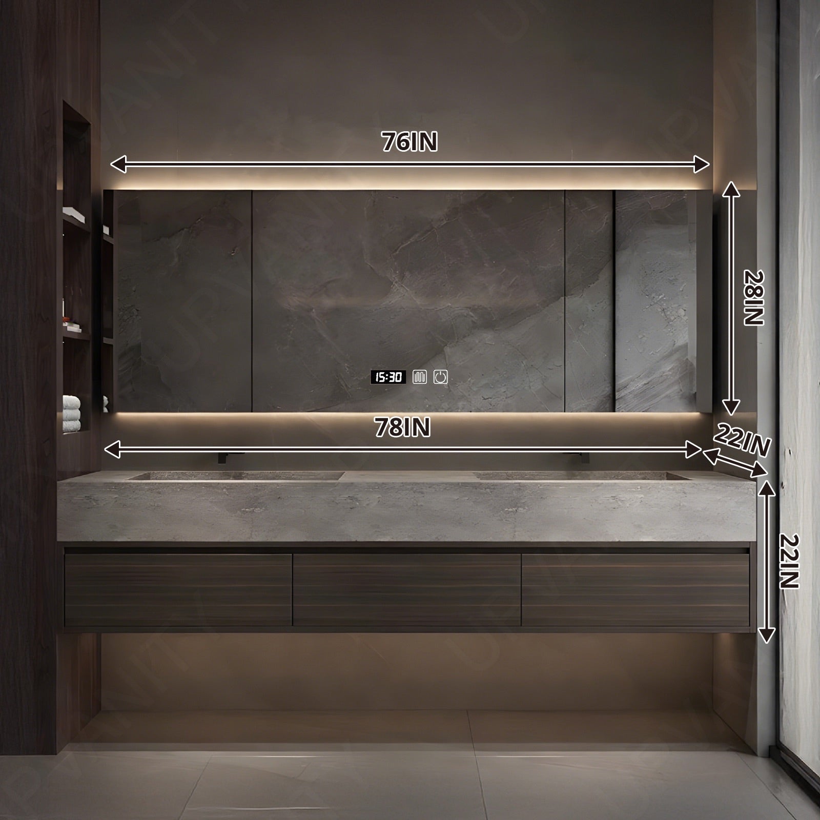 Modern Bath Vanity Set, Brown, Gray Slate Top, 56"-78", Double, Floating, Smart LED Mirror, Rear Cabinet