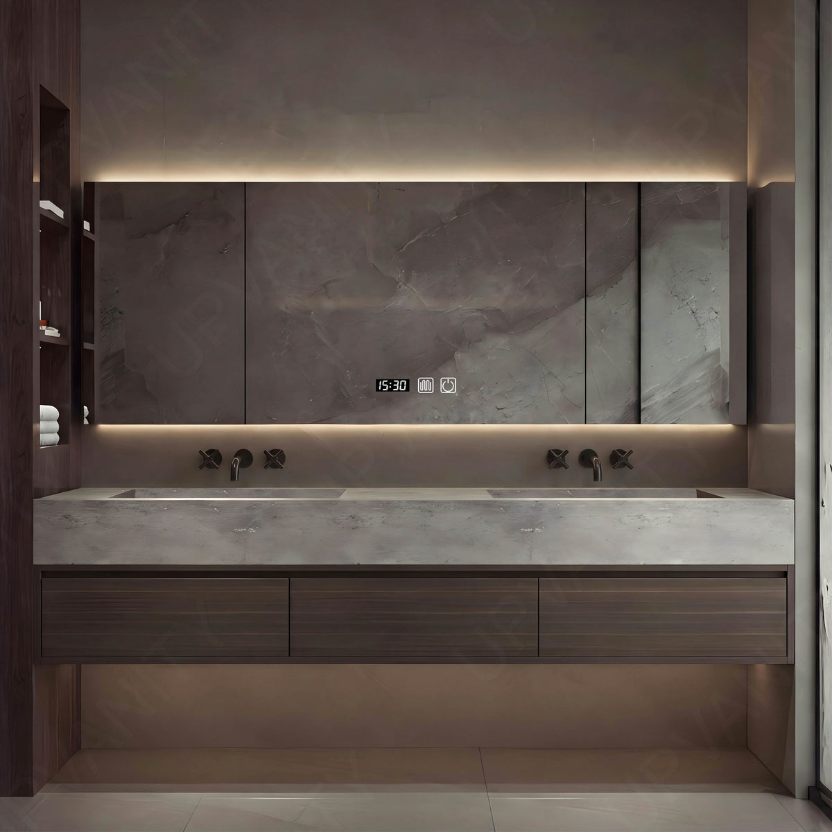 Modern Bath Vanity Set, Brown, Gray Slate Top, 56"-78", Double, Floating, Smart LED Mirror, Rear Cabinet