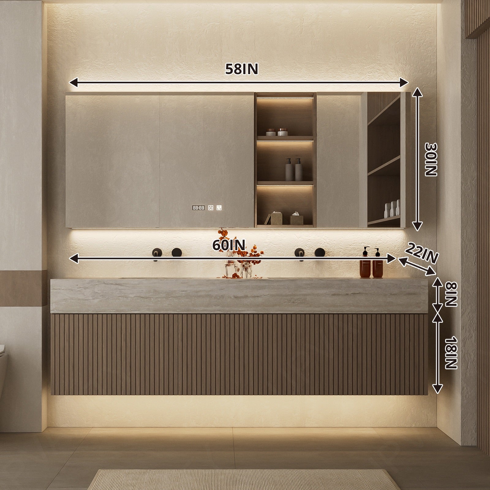 Modern Bath Vanity Set, Brown, Gray Tavertine Top, Fluted Panel, 56"-78", Double, Floating, Open Storage, Smart LED MIirror, Rear Cabinet