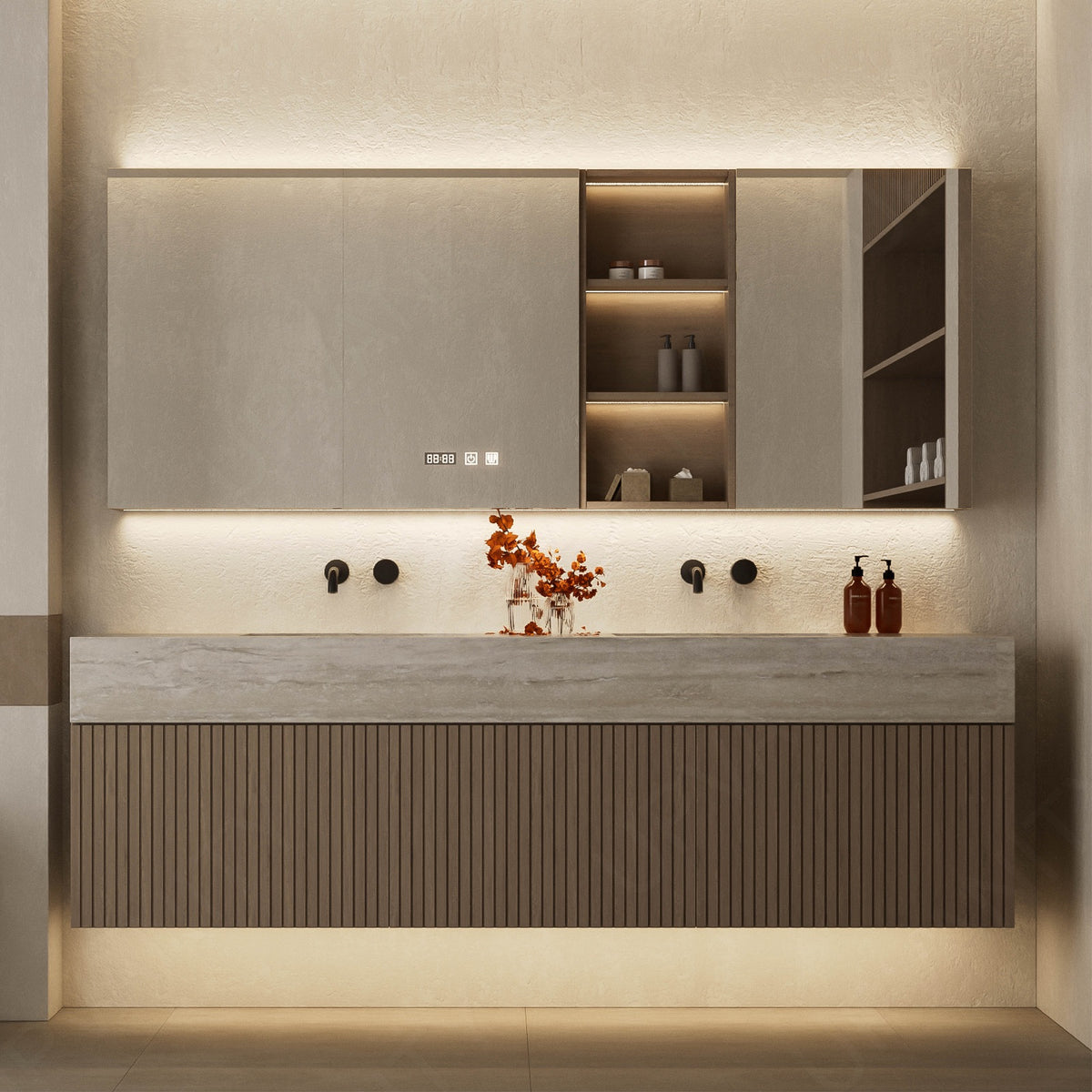 Modern Bath Vanity Set, Brown, Gray Tavertine Top, Fluted Panel, 56"-78", Double, Floating, Open Storage, Smart LED MIirror, Rear Cabinet