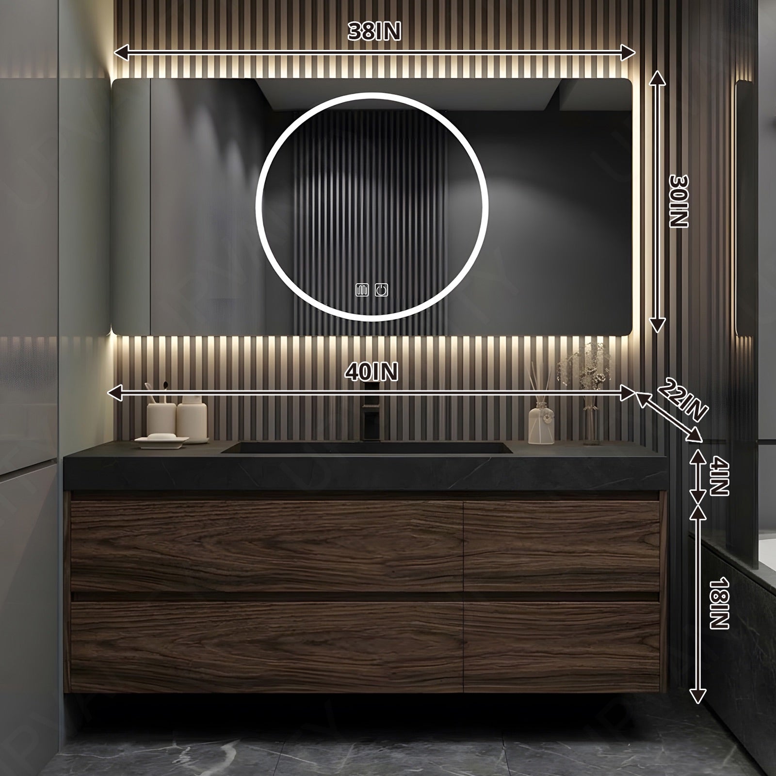 Modern Bath Vanity Set, Brown, Hidden Storage, 40"- 64", Single, Floating, Minimalist, Smart LED Mirror