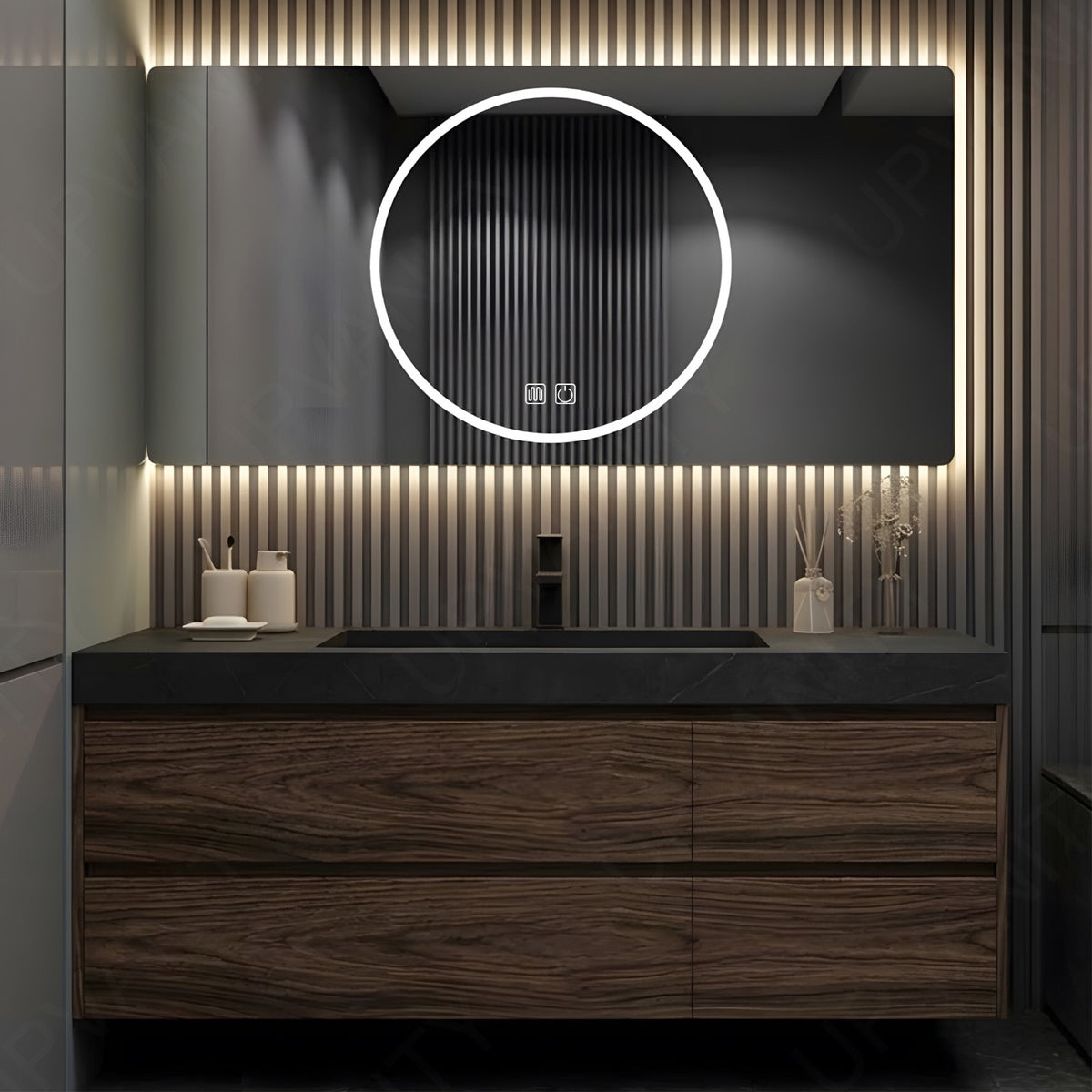Modern Bath Vanity Set, Brown, Hidden Storage, 40"- 64", Single, Floating, Minimalist, Smart LED Mirror