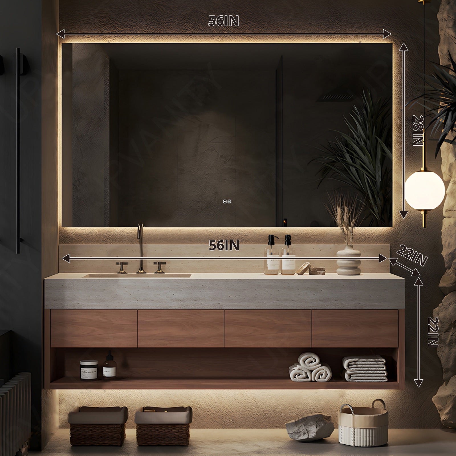 Modern Bath Vanity Set, Brown, Joint Beige Top, Open Storage, 40"-64", Single, Floating, Smart LED Mirror