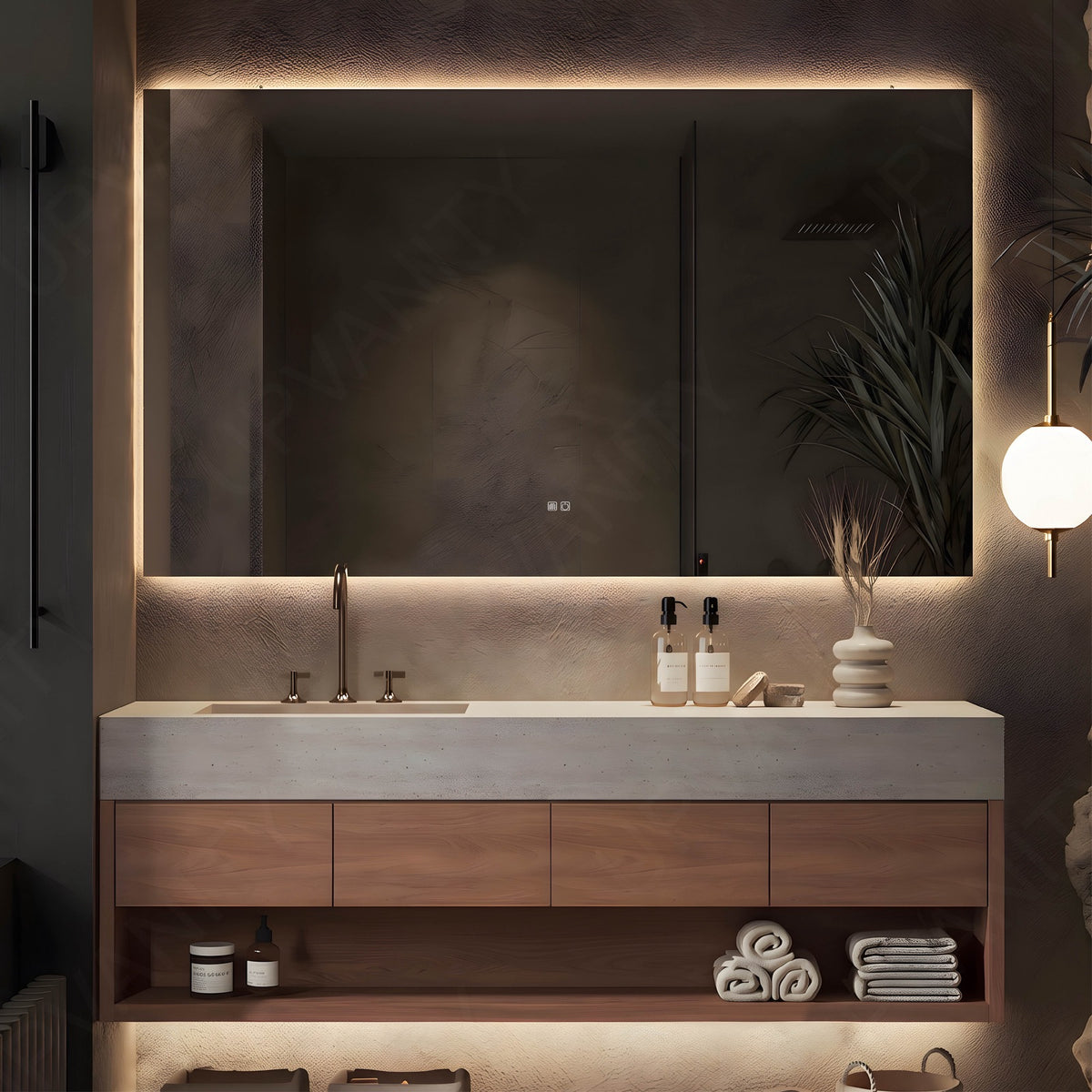 Modern Bath Vanity Set, Brown, Joint Beige Top, Open Storage, 40"-64", Single, Floating, Smart LED Mirror