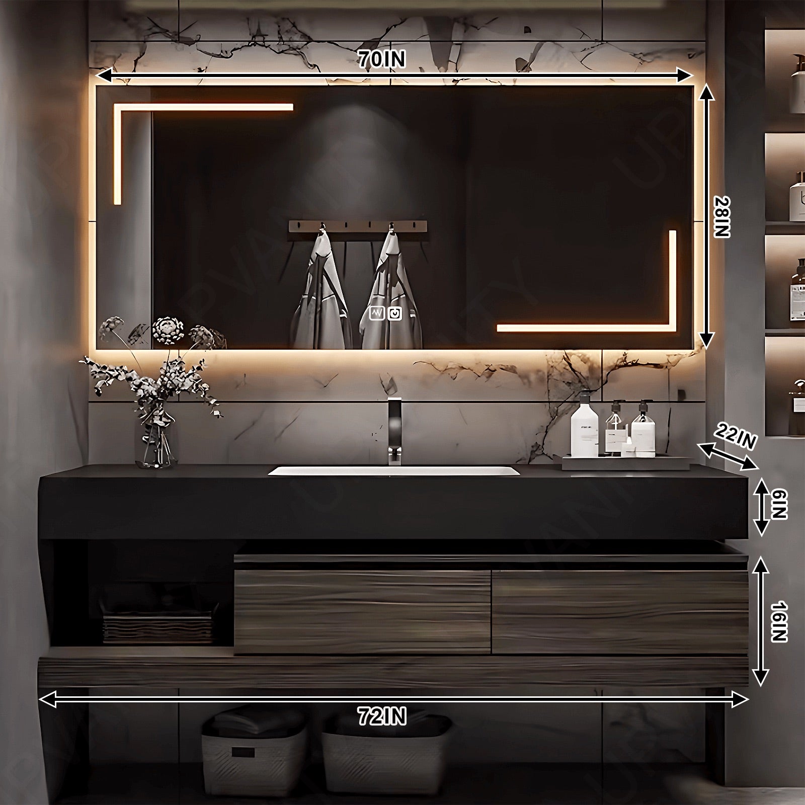 Modern Bath Vanity Set, Brown, Joint Black Top, 36"-72", Single, Floating, Smart LED Mirror
