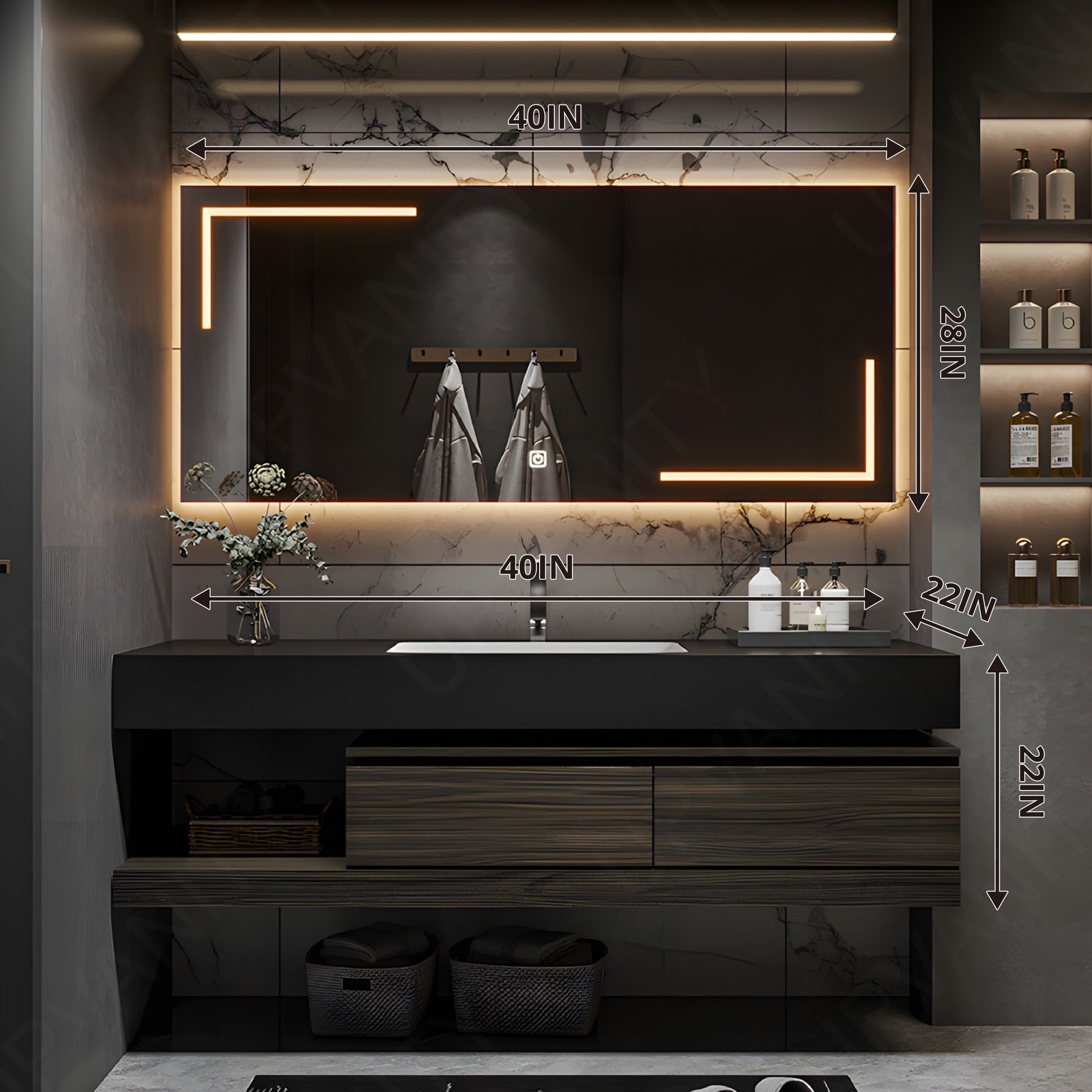 Modern Bath Vanity Set, Brown, Joint Black Top, 36"-72", Single, Floating, Smart LED Mirror