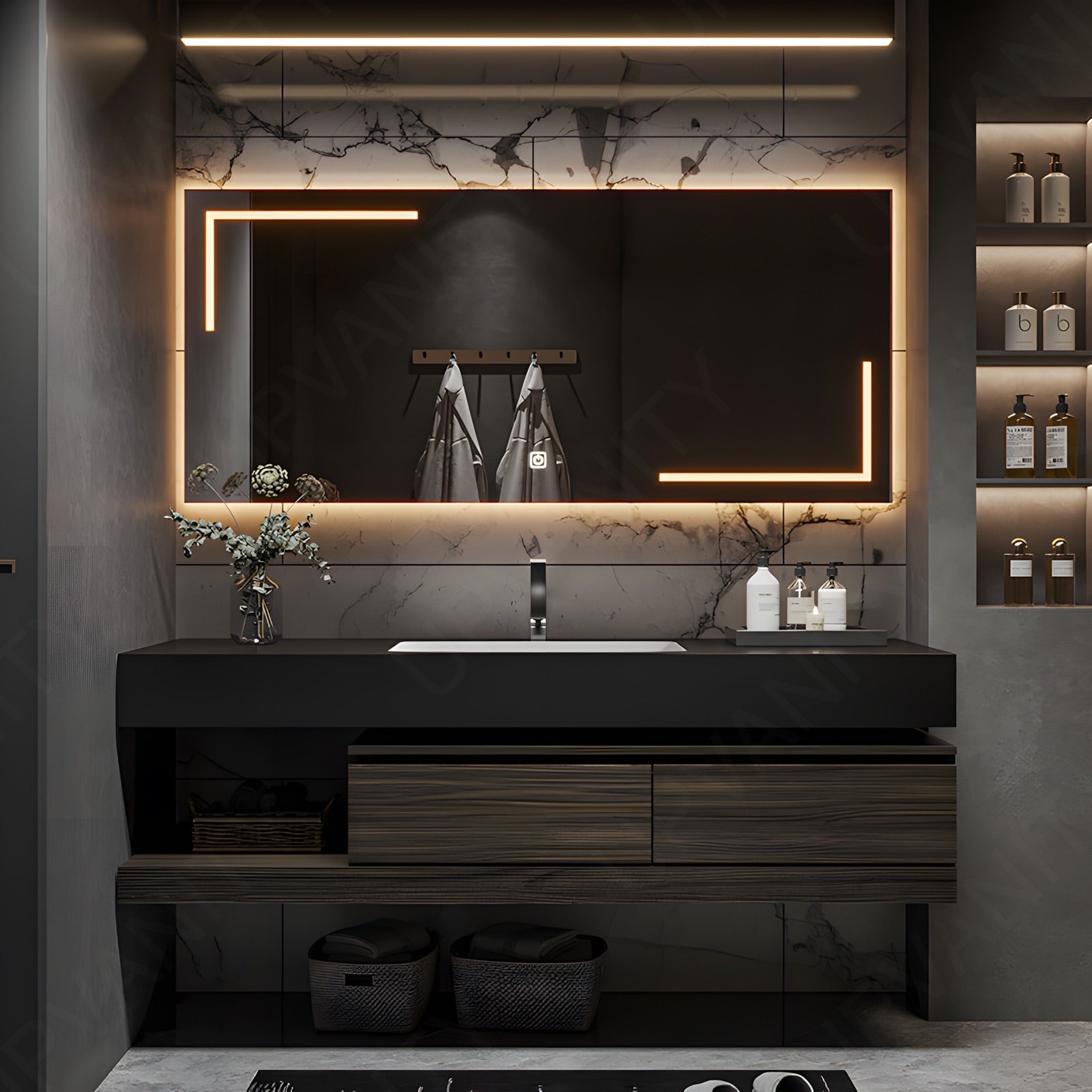 Modern Bath Vanity Set, Brown, Joint Black Top, 36"-72", Single, Floating, Smart LED Mirror
