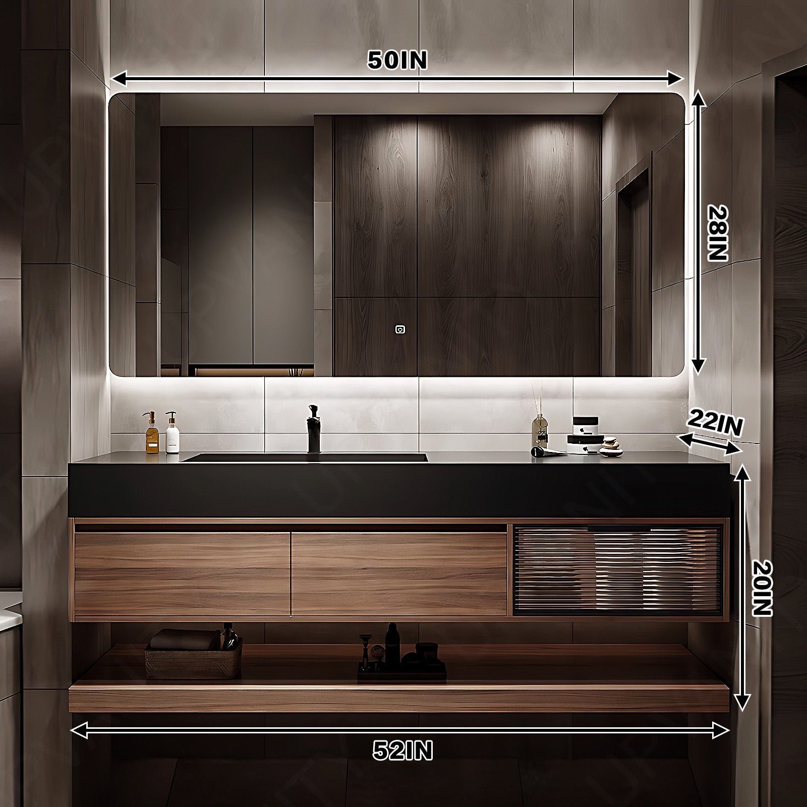 Modern Bath Vanity Set, Brown, Joint Black Top, Glass Door, 48"- 64", Single, Floating, Smart LED Mirror