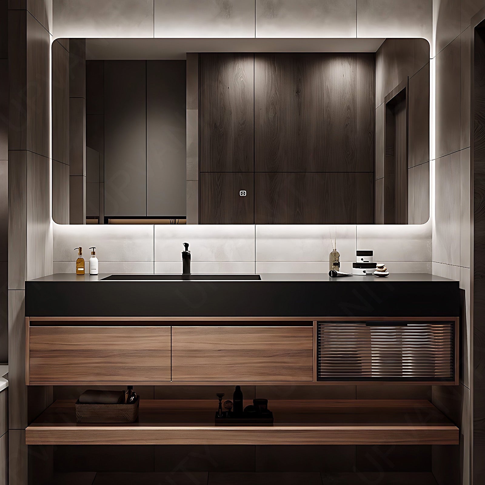 Modern Bath Vanity Set, Brown, Joint Black Top, Glass Door, 48"- 64", Single, Floating, Smart LED Mirror