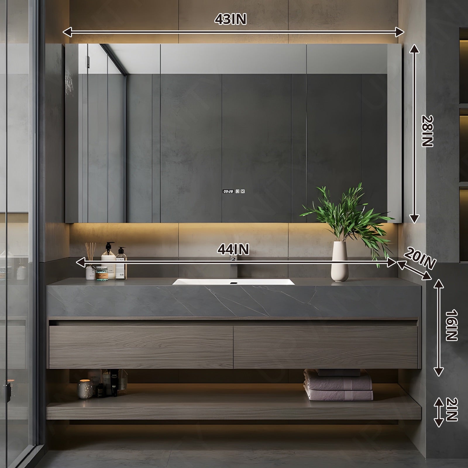 Modern Bath Vanity Set, Brown, Joint Gray Top, 32"-56", Single, Floating, Open Storage, Smart LED Mirror, Rear Cabinet