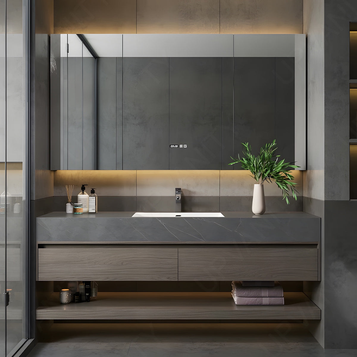 Modern Bath Vanity Set, Brown, Joint Gray Top, 32"-56", Single, Floating, Open Storage, Smart LED Mirror, Rear Cabinet