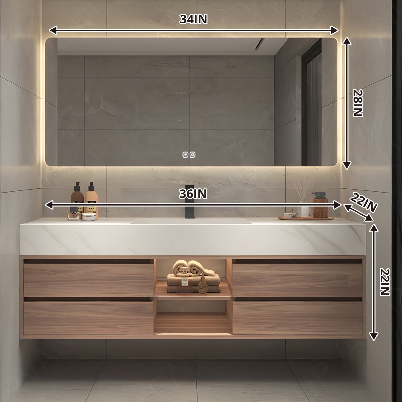 Modern Bath Vanity Set, Brown, Joint Marble Textured Top, 36"-64", Single, Floating, Open Storage, Smart LED Mirror