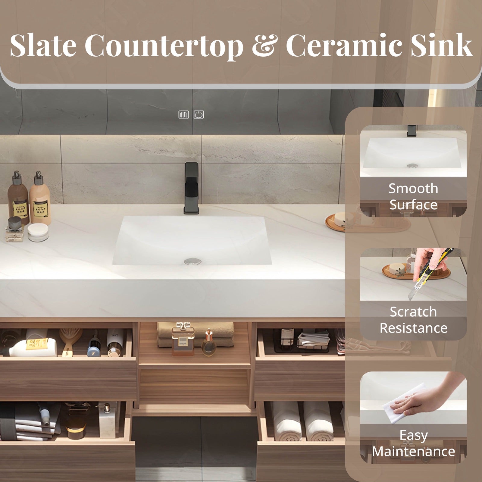 Modern Bath Vanity Set, Brown, Joint Marble Textured Top, 48"-64", Single, Floating, Open Storage, Smart LED Mirror