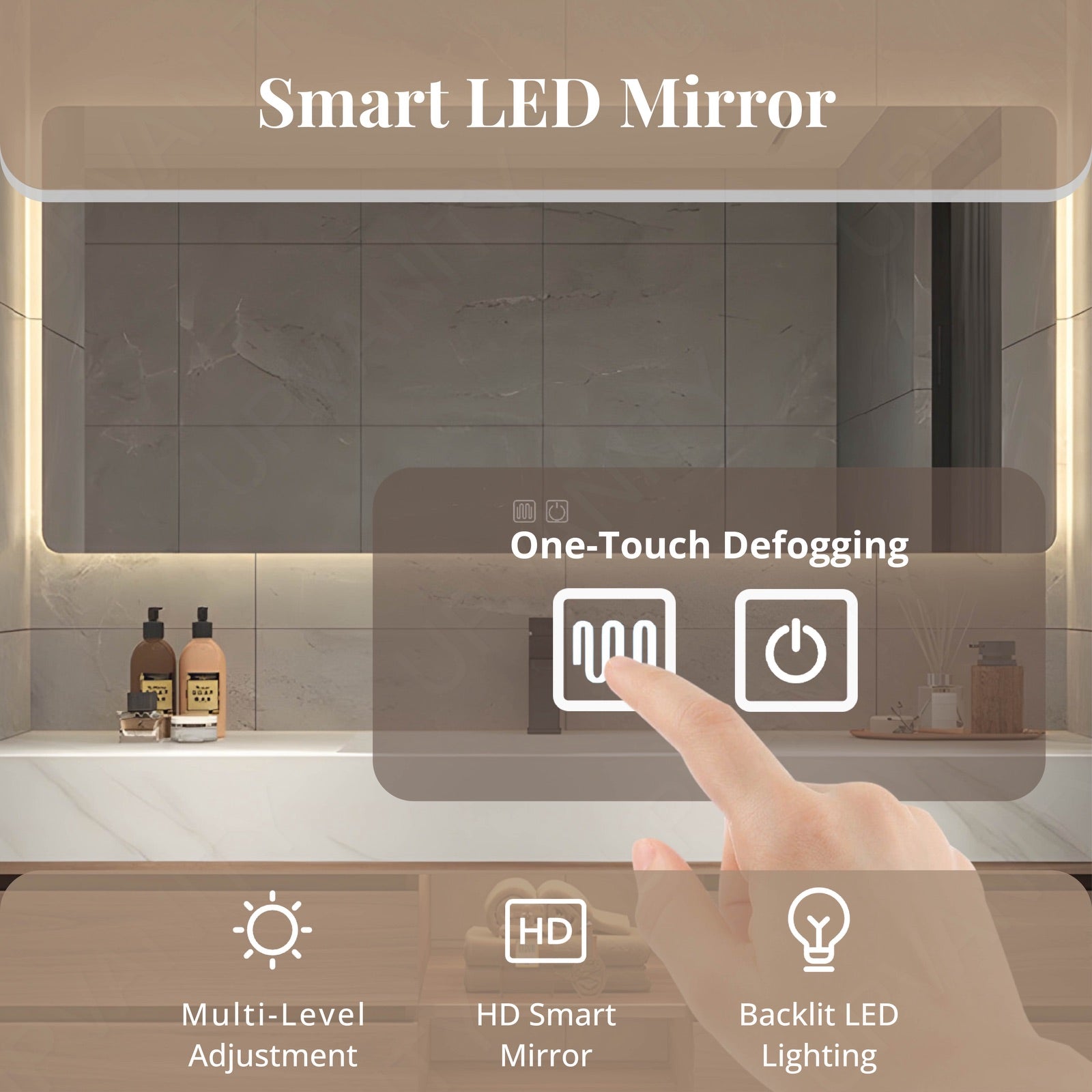 Modern Bath Vanity Set, Brown, Joint Marble Textured Top, 48"-64", Single, Floating, Open Storage, Smart LED Mirror