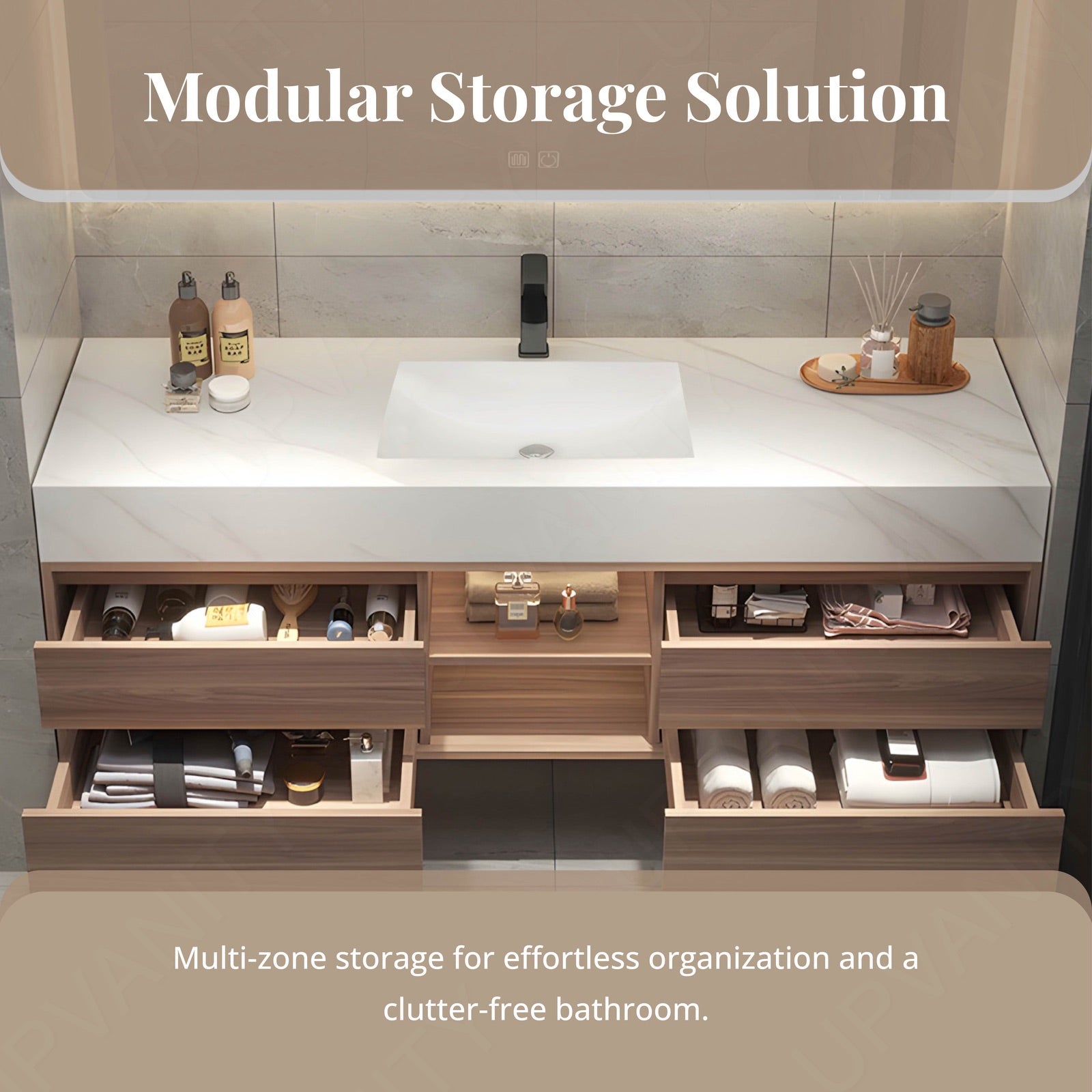Modern Bath Vanity Set, Brown, Joint Marble Textured Top, 48"-64", Single, Floating, Open Storage, Smart LED Mirror