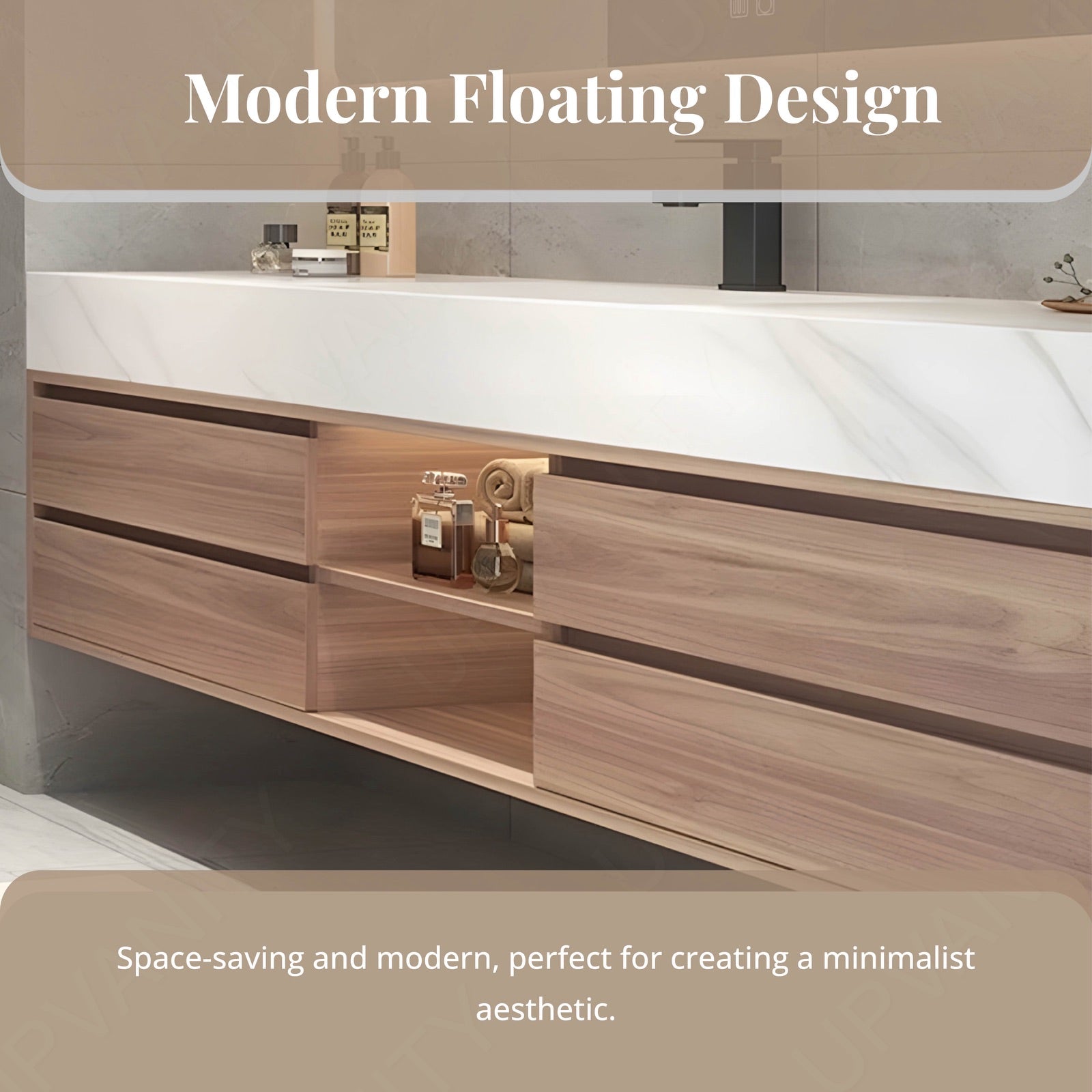 Modern Bath Vanity Set, Brown, Joint Marble Textured Top, 48"-64", Single, Floating, Open Storage, Smart LED Mirror
