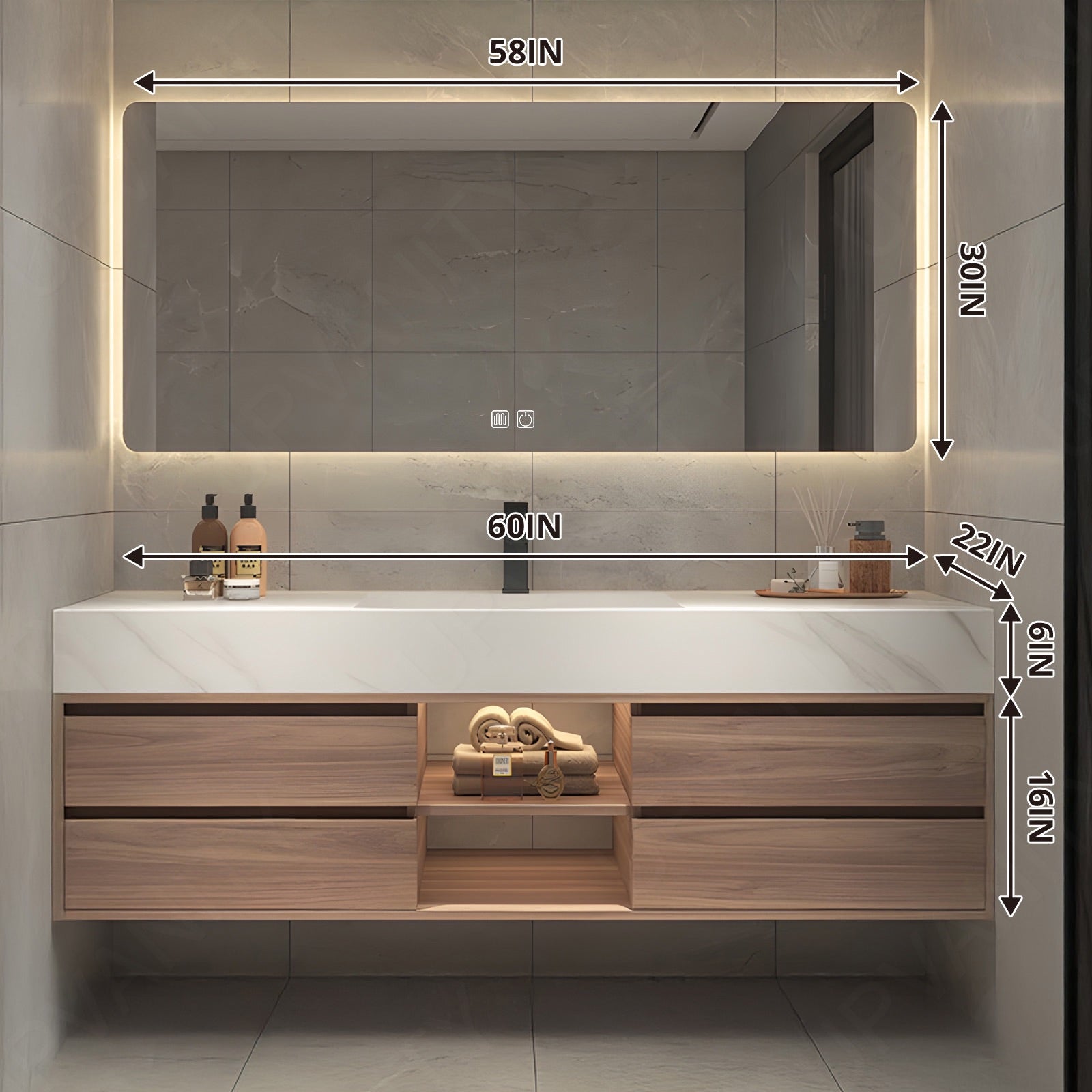 Modern Bath Vanity Set, Brown, Joint Marble Textured Top, 48"-64", Single, Floating, Open Storage, Smart LED Mirror
