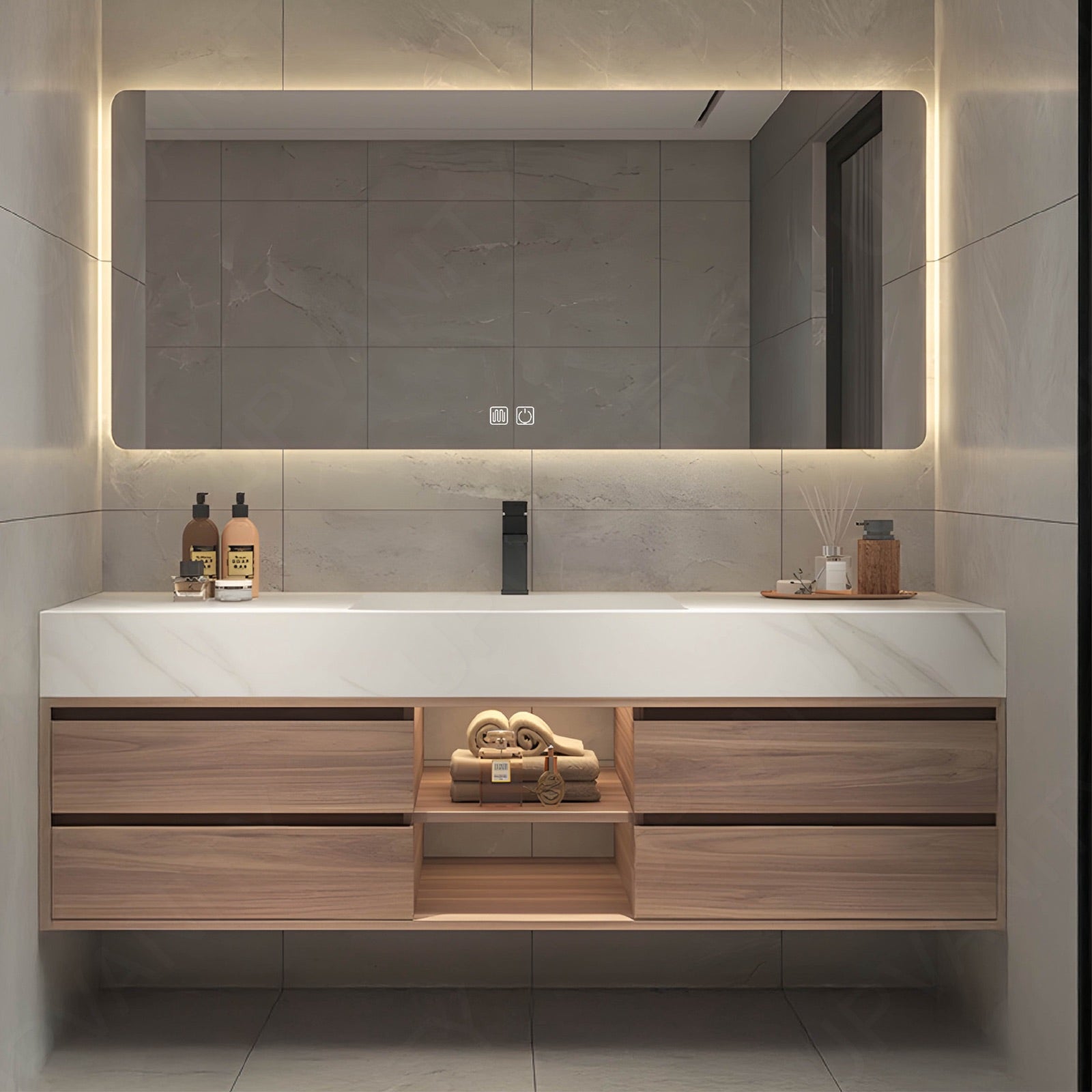 Modern Bath Vanity Set, Brown, Joint Marble Textured Top, 48"-64", Single, Floating, Open Storage, Smart LED Mirror