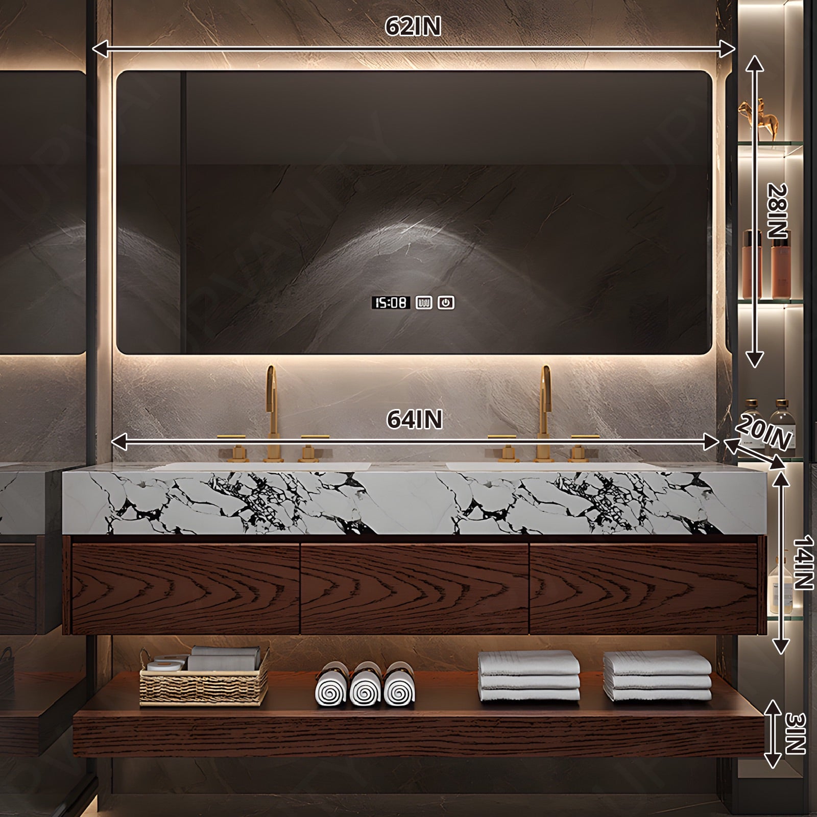 Modern Bath Vanity Set, Brown, Joint Marble Textured Top, 56"-78", Double, Floating, Open Storage, Smart LED Mirror
