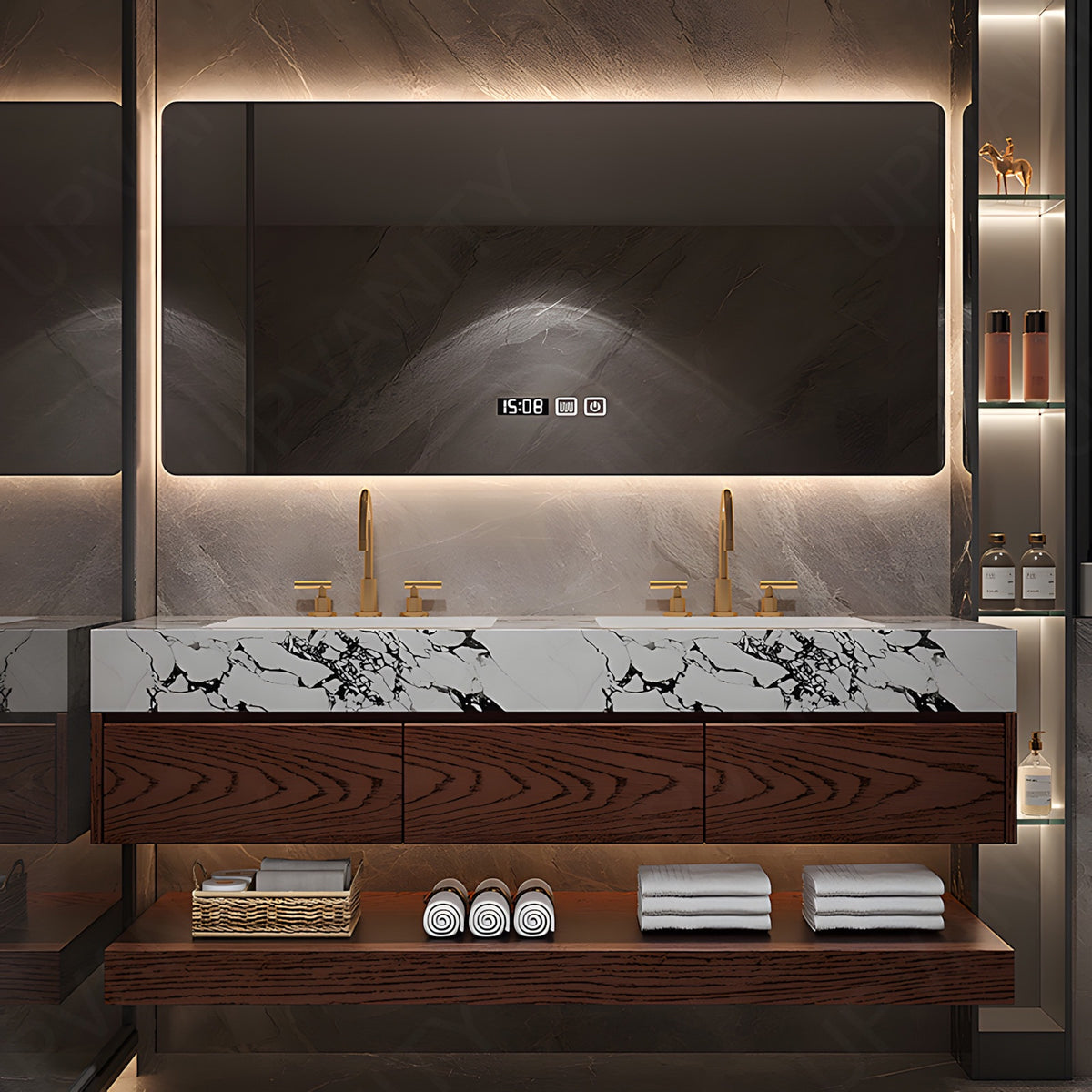 Modern Bath Vanity Set, Brown, Joint Marble Textured Top, 56"-78", Double, Floating, Open Storage, Smart LED Mirror