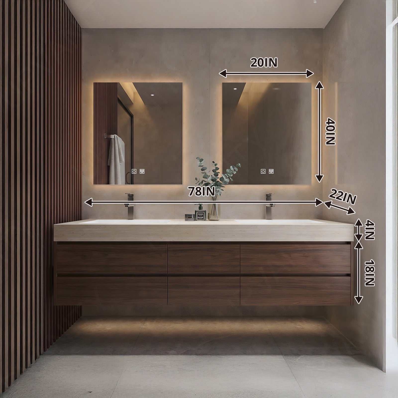 Modern Bath Vanity Set, Brown, Joint Top, 56"-78", Double, Floating, Sectional Storage, Dual Smart LED Mirror