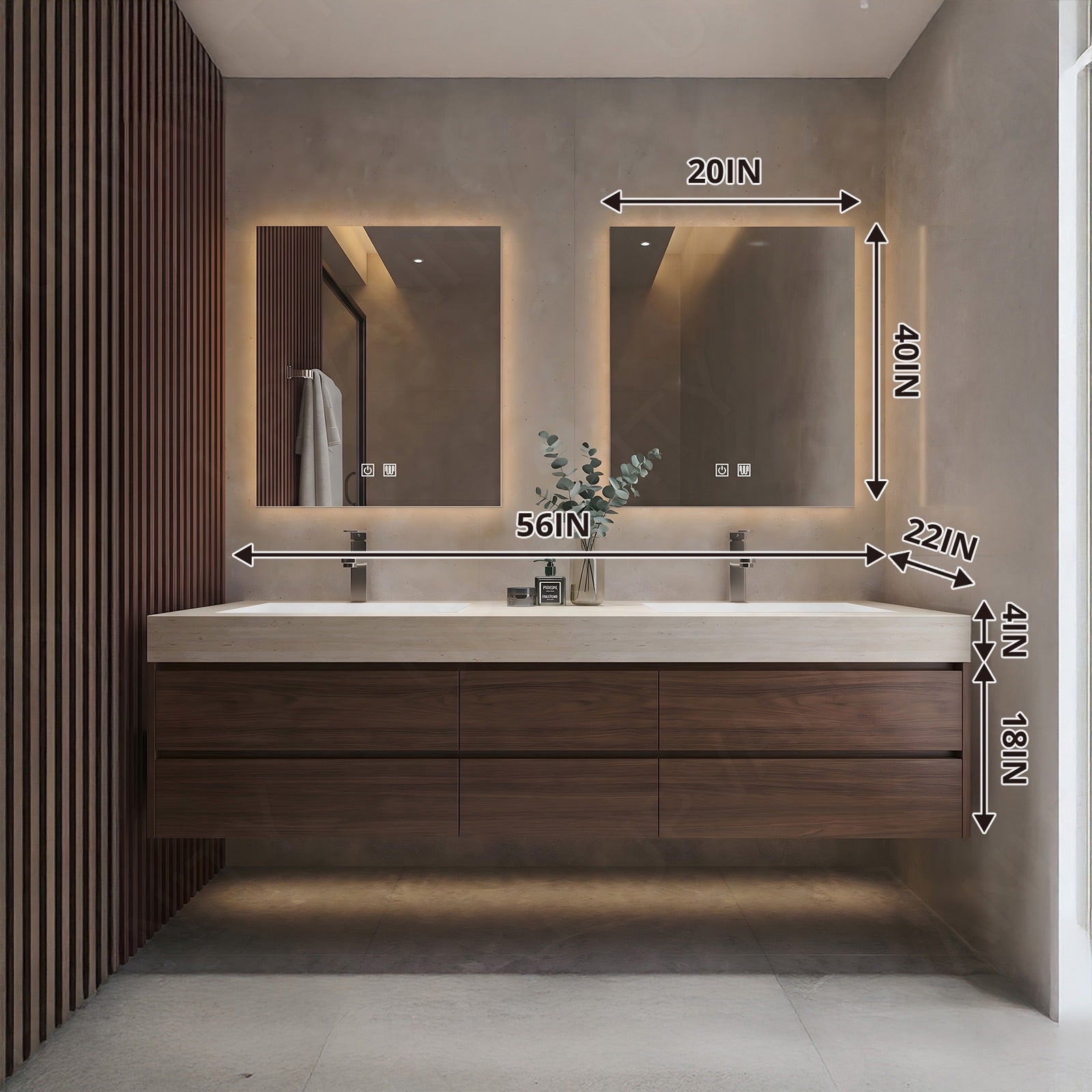Modern Bath Vanity Set, Brown, Joint Top, 56"-78", Double, Floating, Sectional Storage, Dual Smart LED Mirror