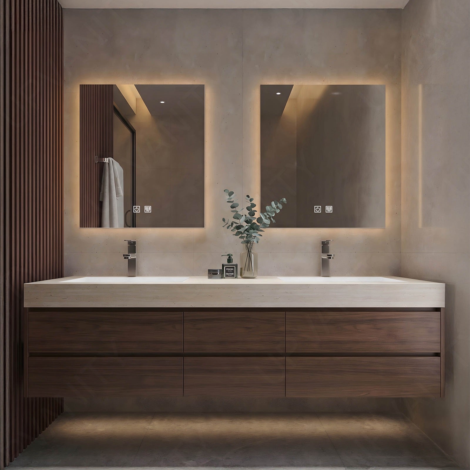 Modern Bath Vanity Set, Brown, Joint Top, 56"-78", Double, Floating, Sectional Storage, Dual Smart LED Mirror