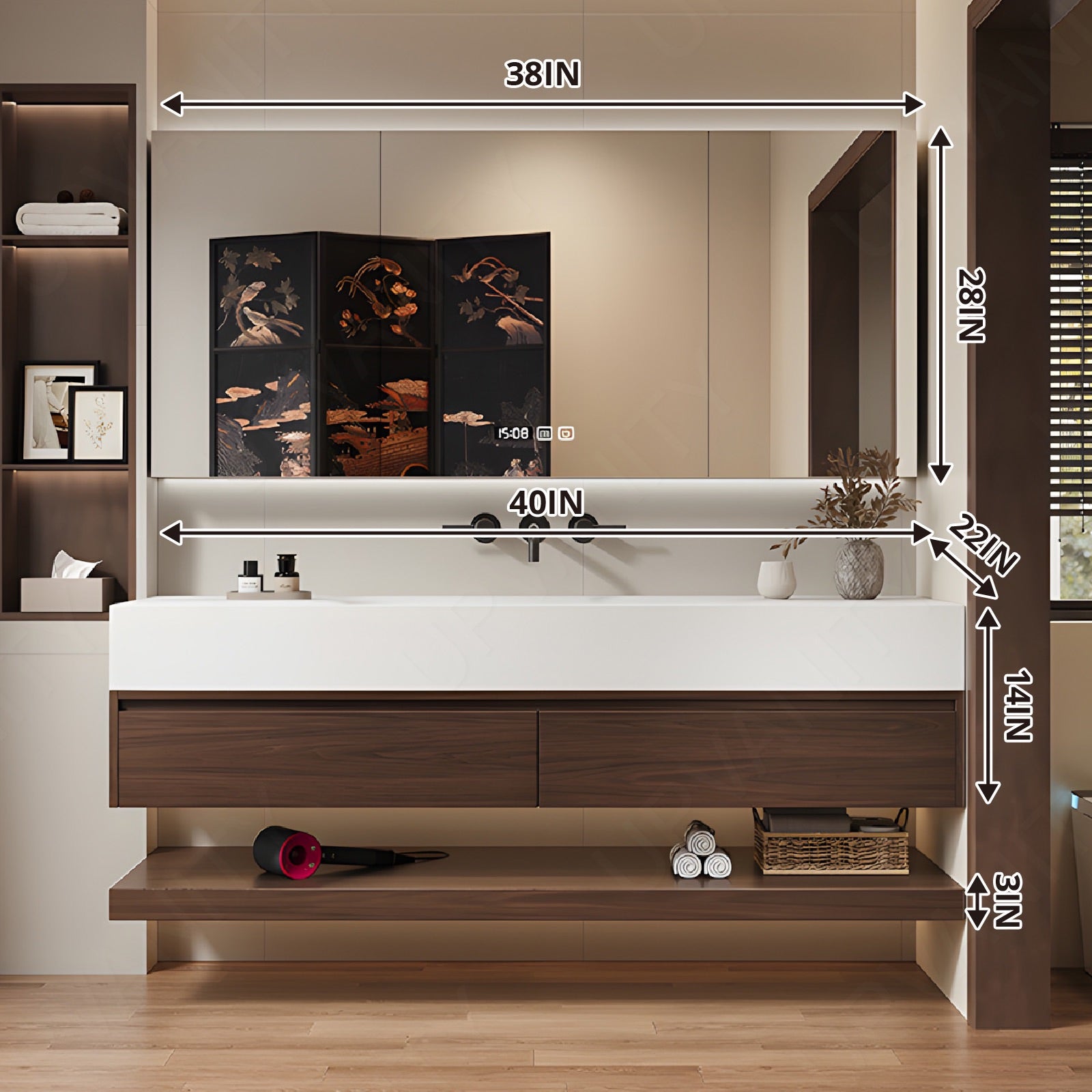Modern Bath Vanity Set, Brown, Joint White Top, 36"-64", Single, Floating, Open Storage, Smart LED Mirror, Rear Cabinet