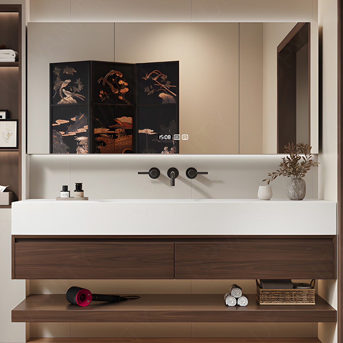 Modern Bath Vanity Set, Brown, Joint White Top, 36"-64", Single, Floating, Open Storage, Smart LED Mirror, Rear Cabinet