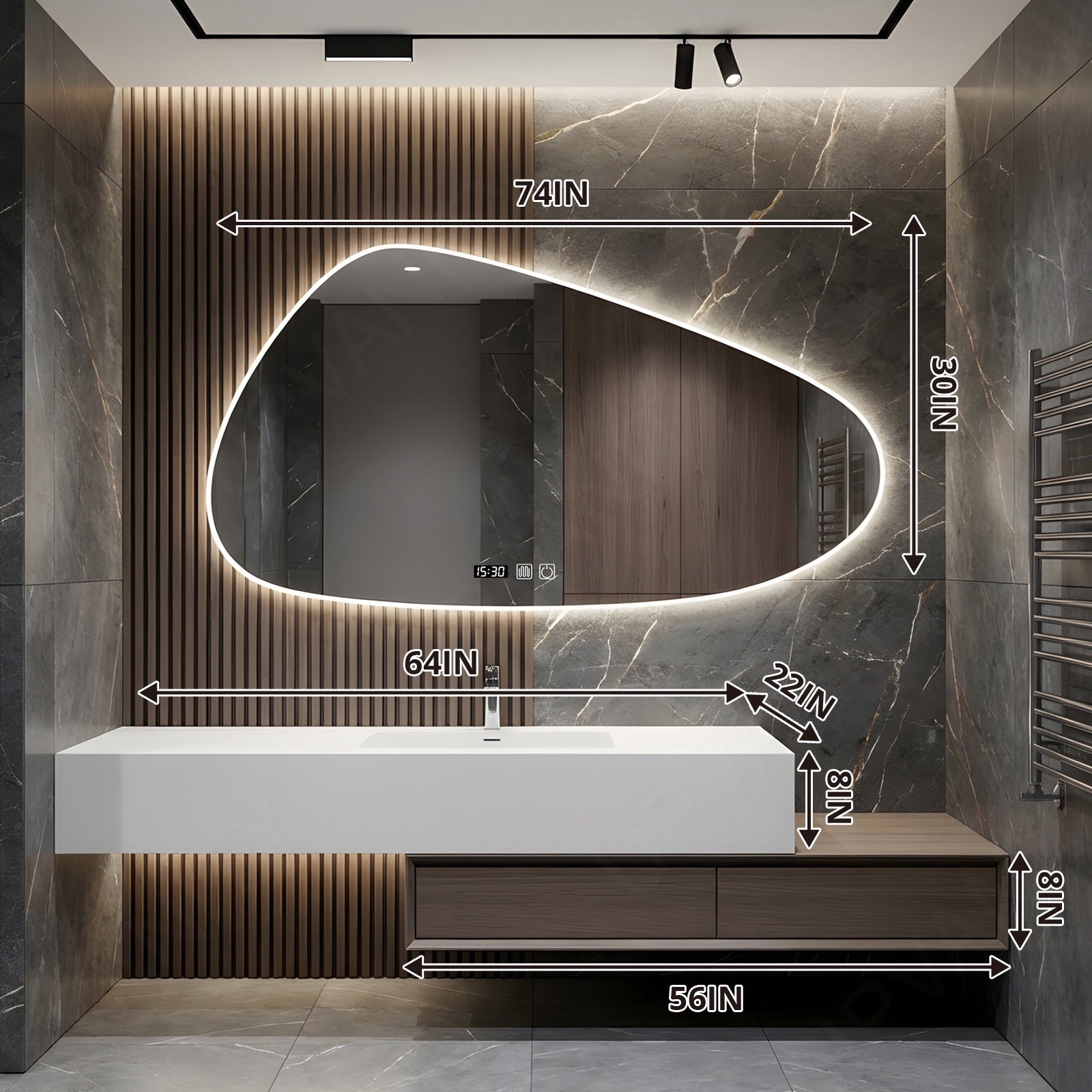 Modern Bath Vanity Set, Brown, Joint White Top, 40"-60", Floating, Single, Irregular Smart LED Mirror