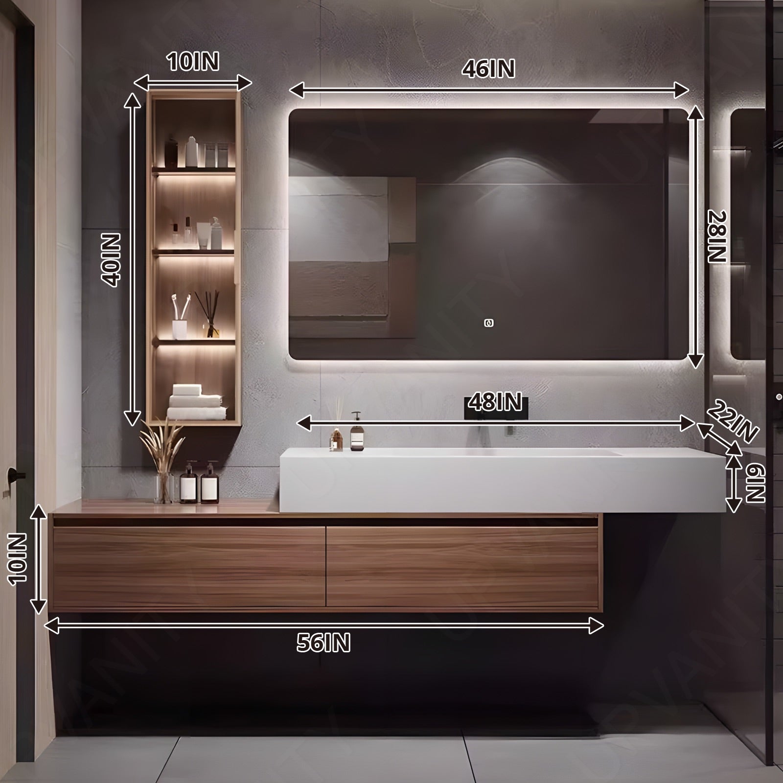 Modern Bath Vanity Set, Brown, Joint White Top, 40"- 60", Single, Floating, Glass Door, Smart LED Mirror, Side Cabinet