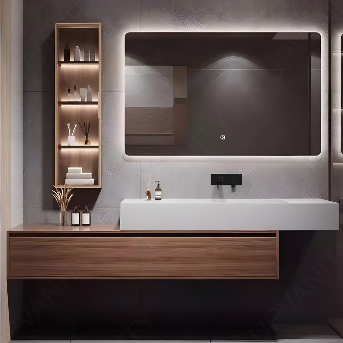 Modern Bath Vanity Set, Brown, Joint White Top, 40"- 60", Single, Floating, Glass Door, Smart LED Mirror, Side Cabinet