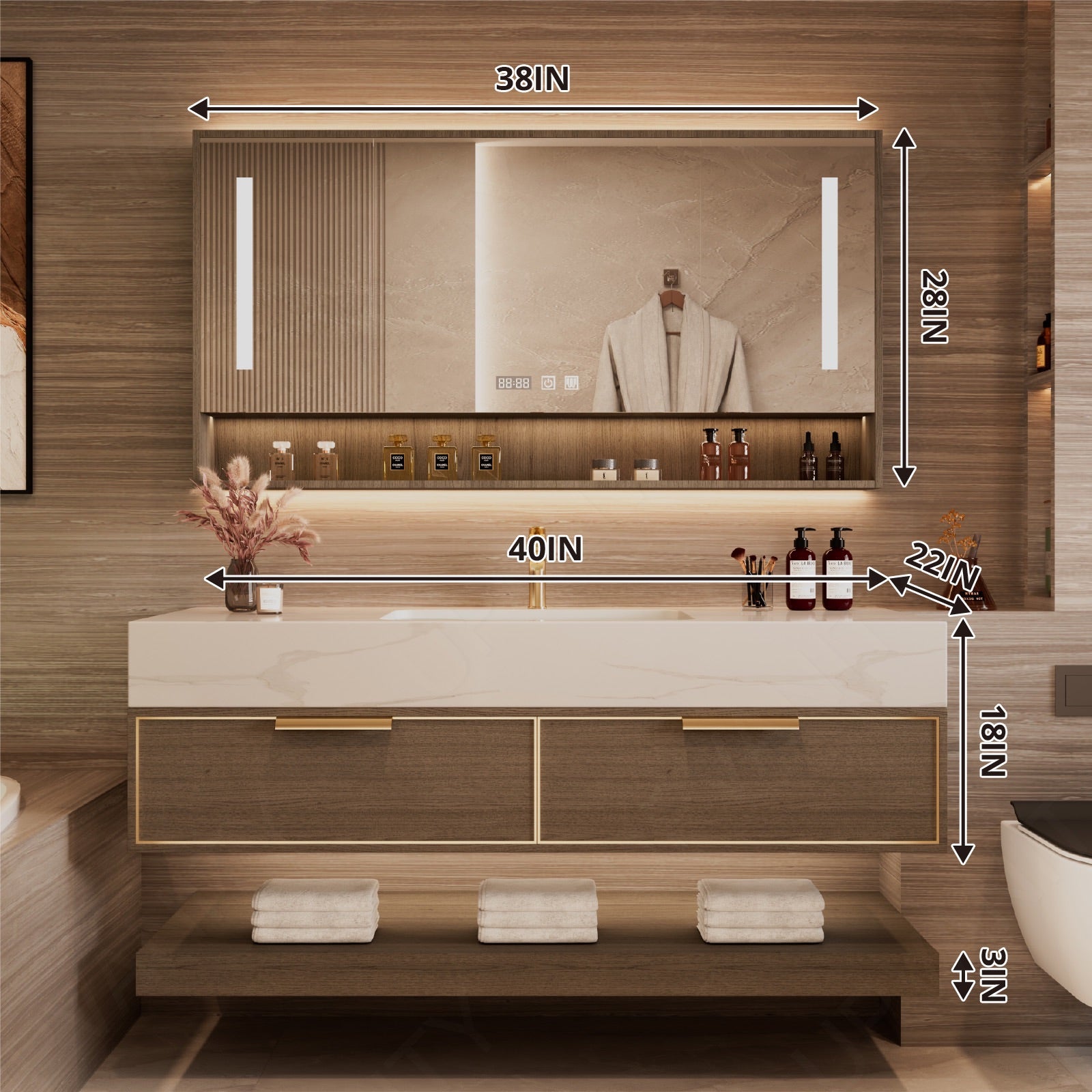 Modern Bath Vanity Set, Brown, Joint White Top, 40"-60", Single, Floating, Gold Accents, Open Storage, Smart LED Mirror, Rear Cabinet