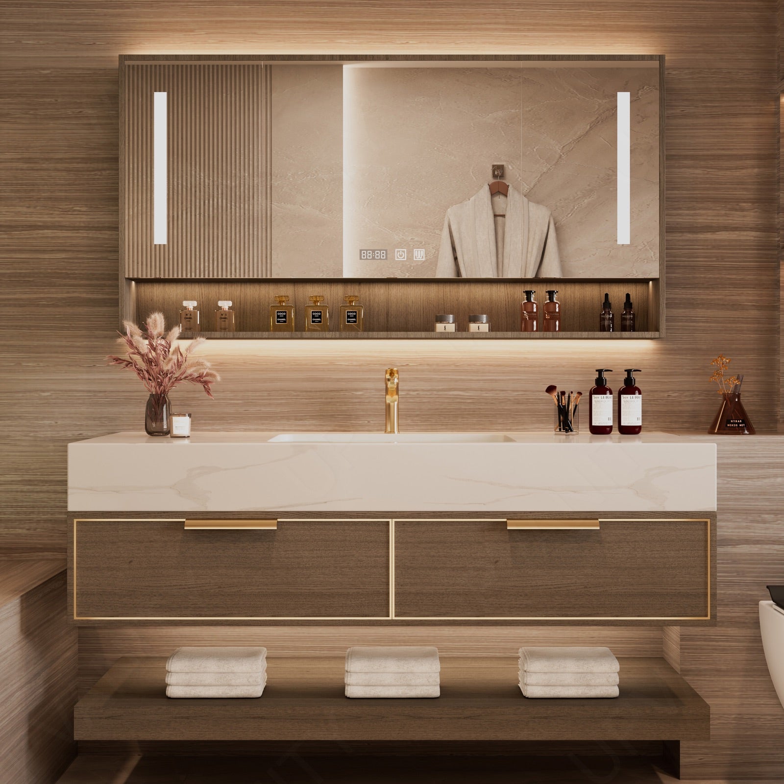 Modern Bath Vanity Set, Brown, Joint White Top, 40"-60", Single, Floating, Gold Accents, Open Storage, Smart LED Mirror, Rear Cabinet