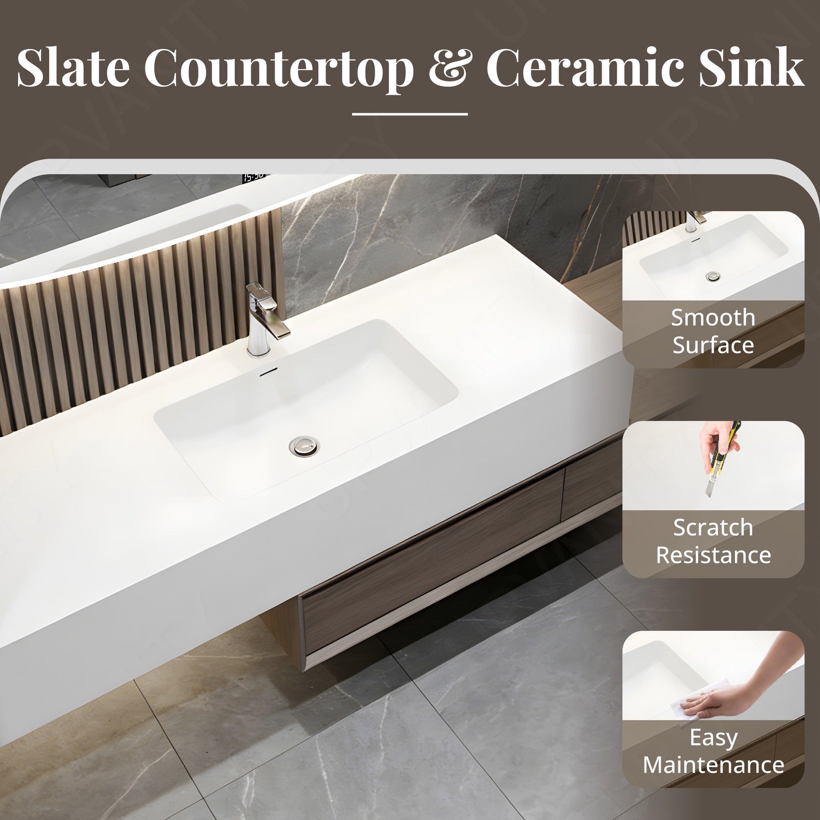 Modern Bath Vanity Set, Brown, Joint White Top, 40"-60", Single, Floating, Irregular Smart LED Mirror