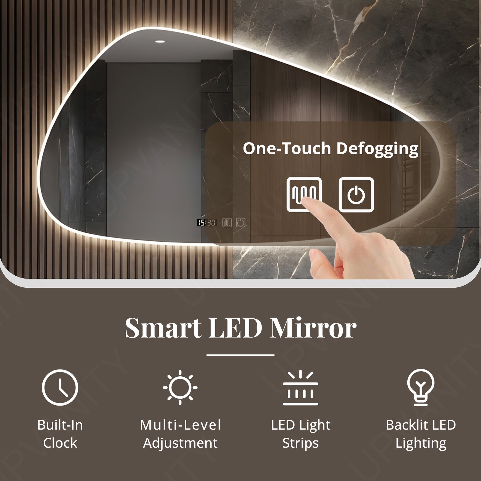 Modern Bath Vanity Set, Brown, Joint White Top, 40"-60", Single, Floating, Irregular Smart LED Mirror