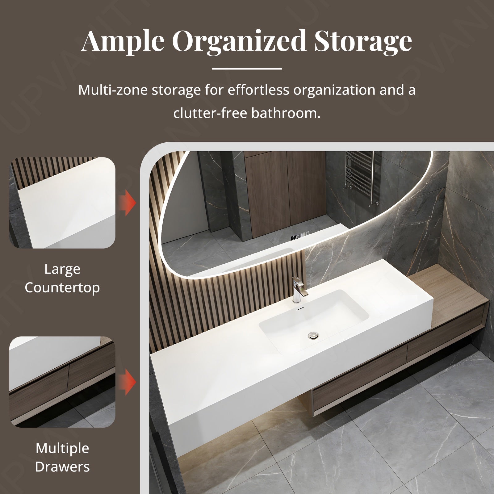 Modern Bath Vanity Set, Brown, Joint White Top, 40"-60", Single, Floating, Irregular Smart LED Mirror