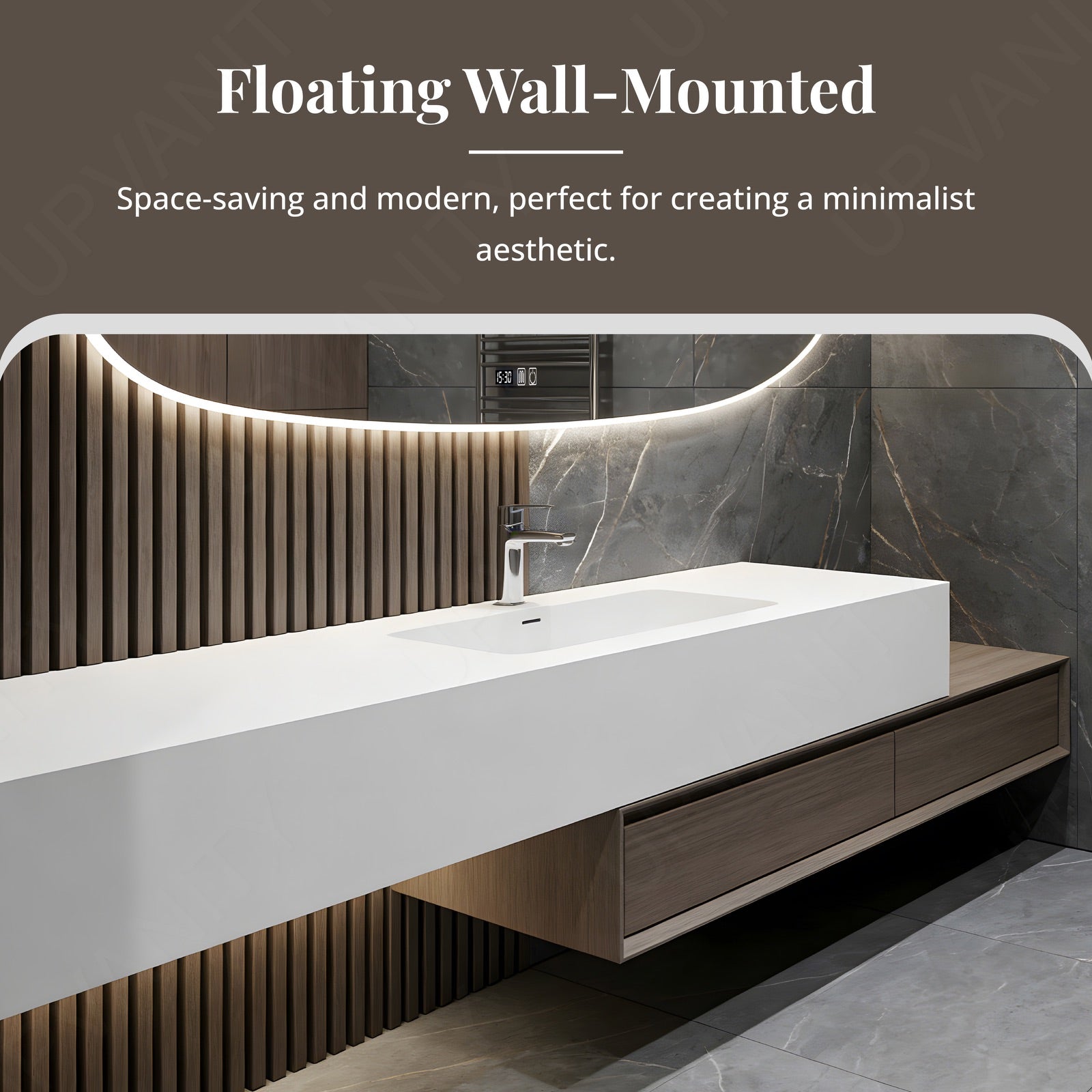 Modern Bath Vanity Set, Brown, Joint White Top, 40"-60", Single, Floating, Irregular Smart LED Mirror