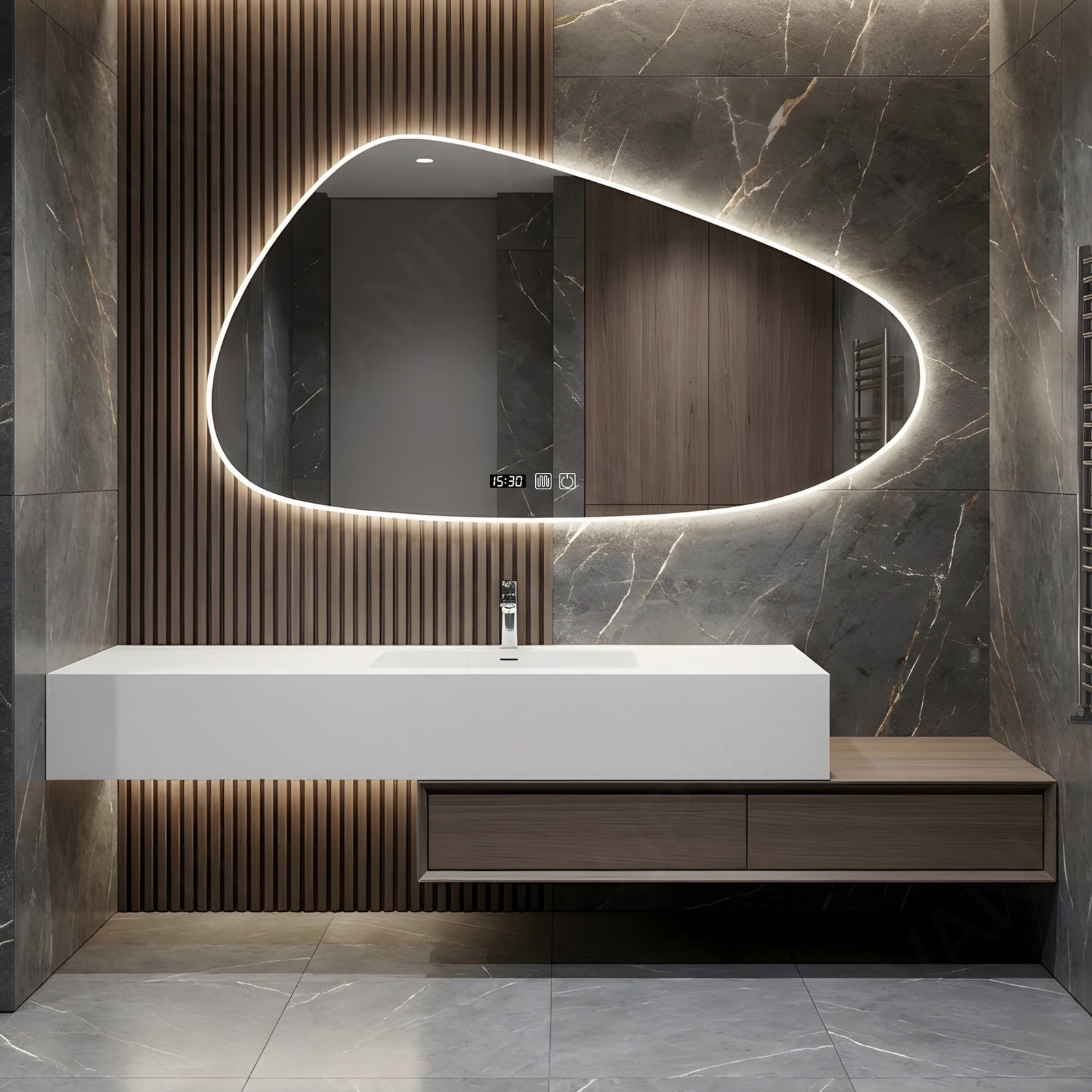 Modern Bath Vanity Set, Brown, Joint White Top, 40"-60", Single, Floating, Irregular Smart LED Mirror
