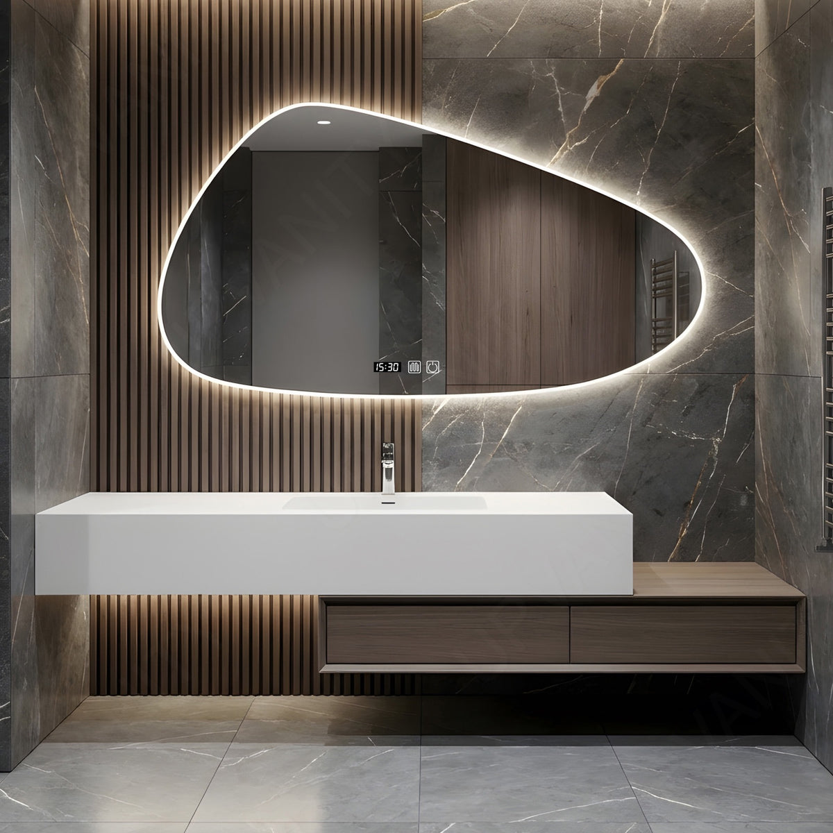 Modern Bath Vanity Set, Brown, Joint White Top, 40"-60", Single, Floating, Irregular Smart LED Mirror
