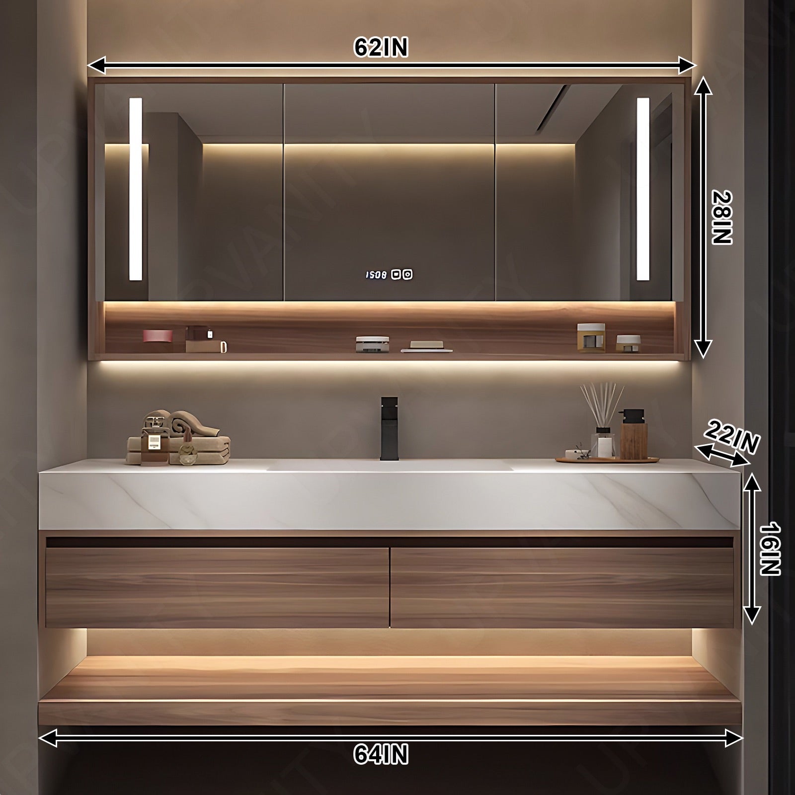 Modern Bath Vanity Set, Brown, Joint White Top, 40"- 72", Single, Floating, Smart LED Mirror, Rear Cabinet
