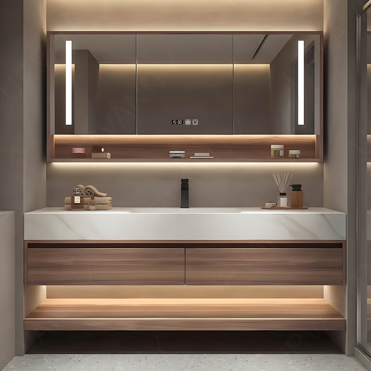 Modern Bath Vanity Set, Brown, Joint White Top, 40"- 72", Single, Floating, Smart LED Mirror, Rear Cabinet