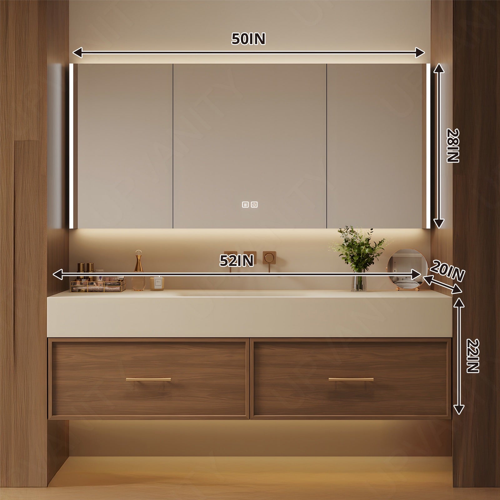 Modern Bath Vanity Set, Brown, Joint White Top, 44"-64", Single, Floating, Gold Accents, Smart LED Mirror, Rear Cabinet